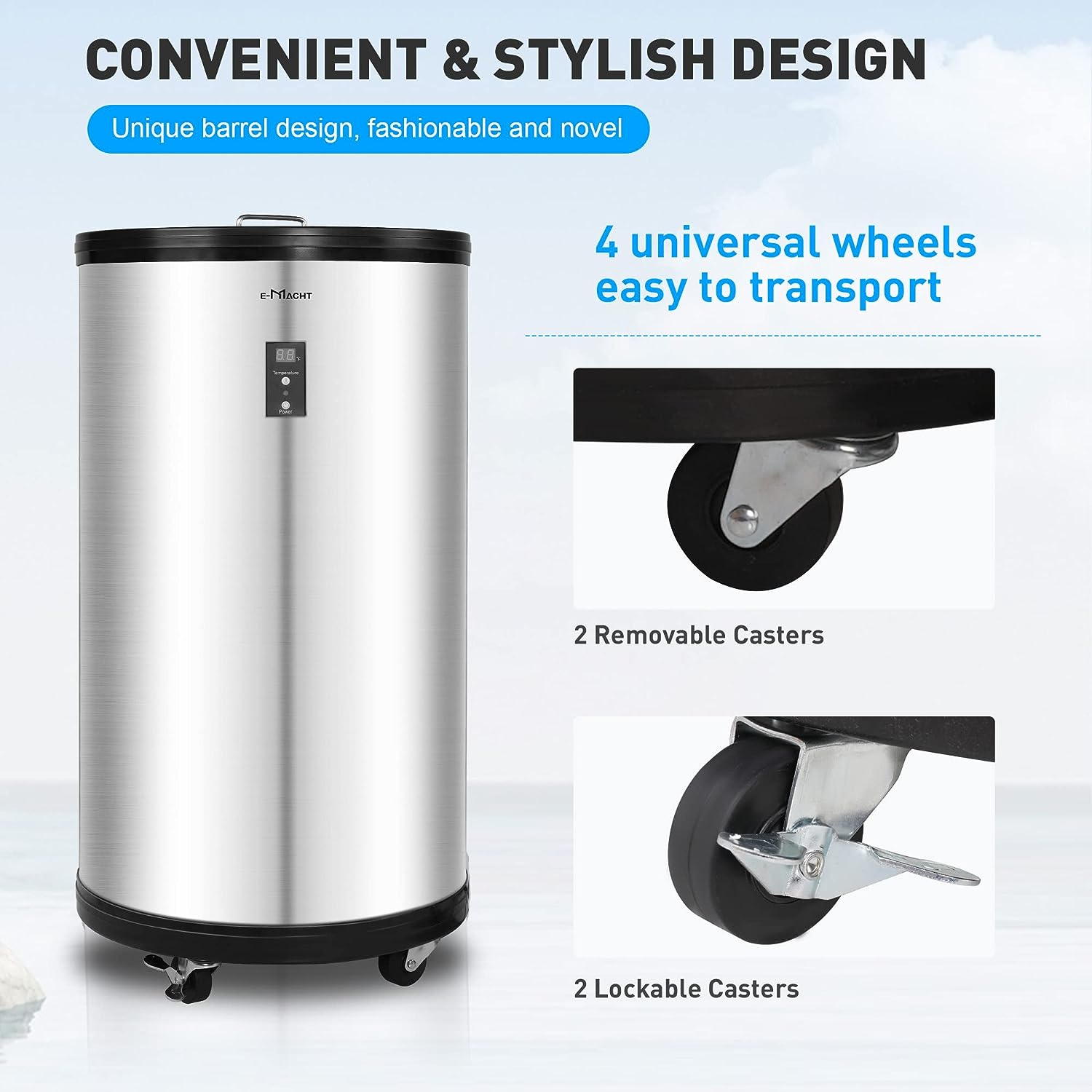 E-Macht 1.8 Cu.Ft Beverage Refrigerator Party Cooler Fridge with 4 Universal Wheels, Removable Baskets & LCD Display