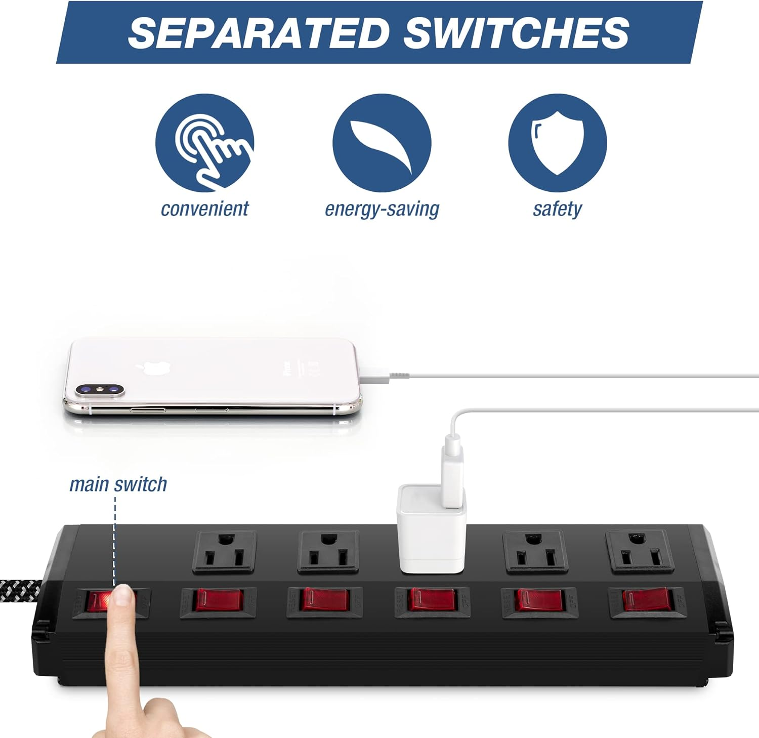 E-Macht 2 Pack Long Power Strip , 6 Metal Power Outlets 2 USB Ports, 6 ft Long Extension Cord
