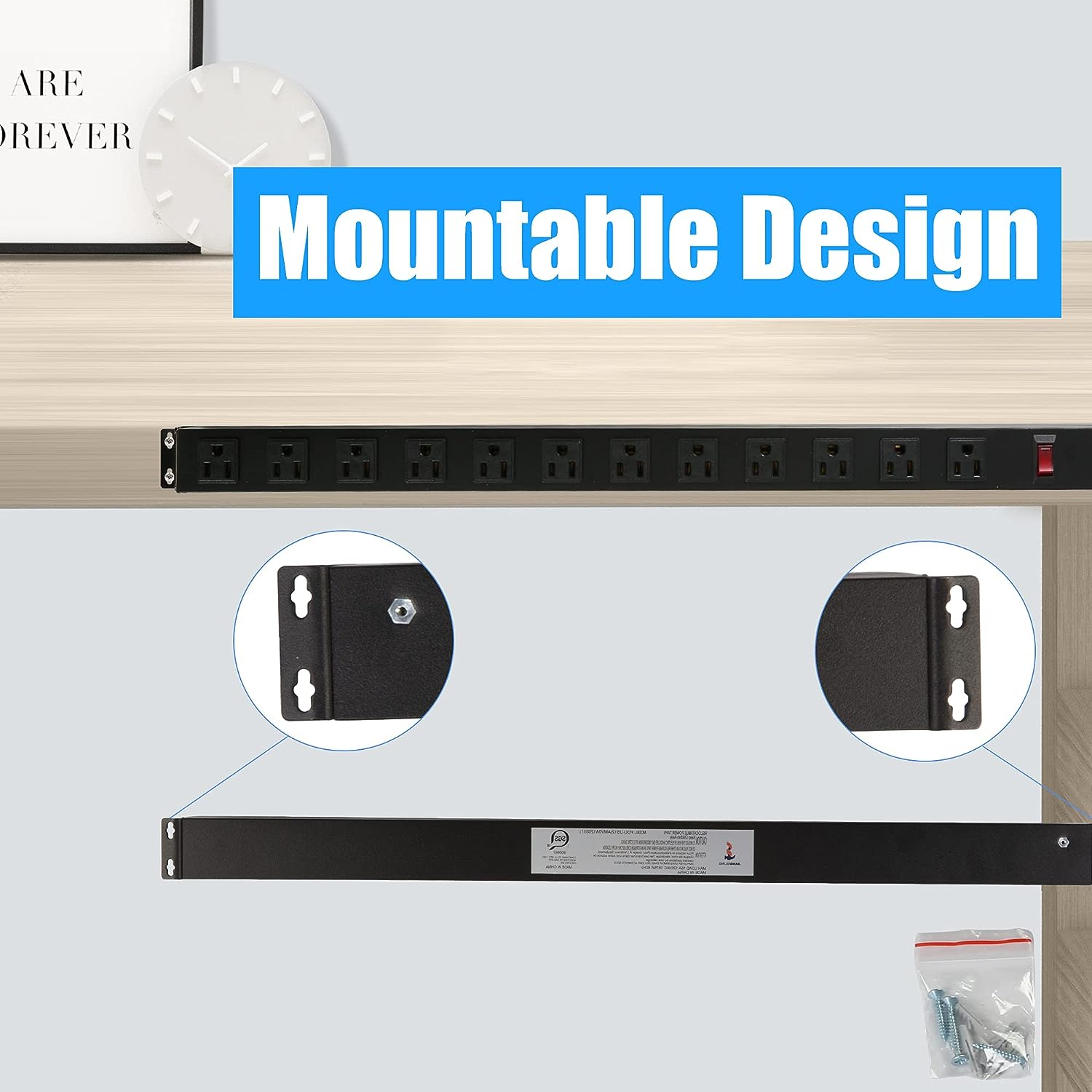 E-Macht Power Strip, Mountable Surge Protector with Outlets and USB Ports 6 Feet Long Extension Cord for Home, Office -Black (1, 12 outlets)