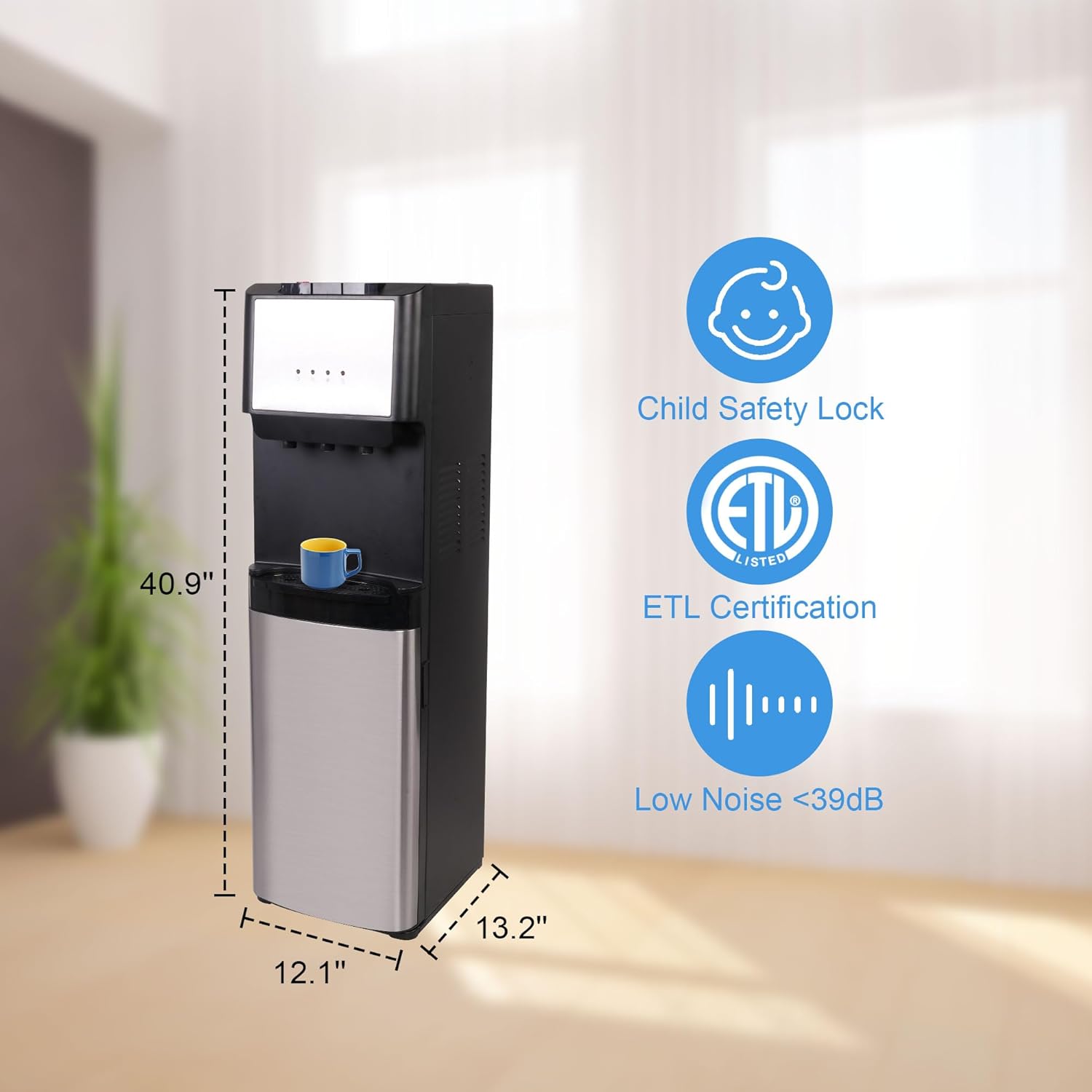 E-Macht 5 Gallon Bottom Loading Cold & Hot Water Cooler Dispenser with 3 Temperature Settings, Stainless Steel | e-macht.com