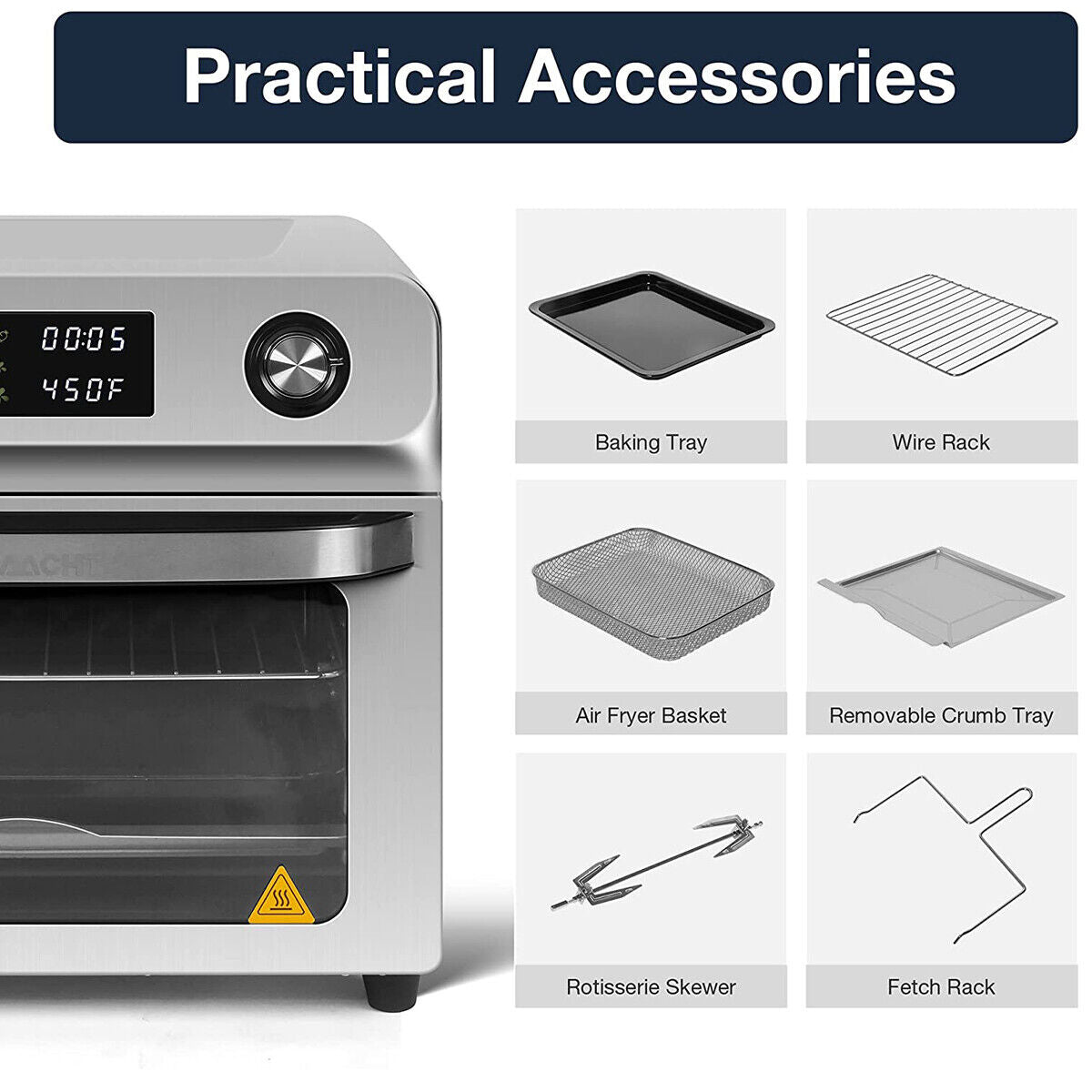 E-Macht Air Fryer Toaster Oven, 24 QT 10-In-1 Convection Countertop Oven Combination w/ 6 Accessories, Stainless Steel Finish, 1700W