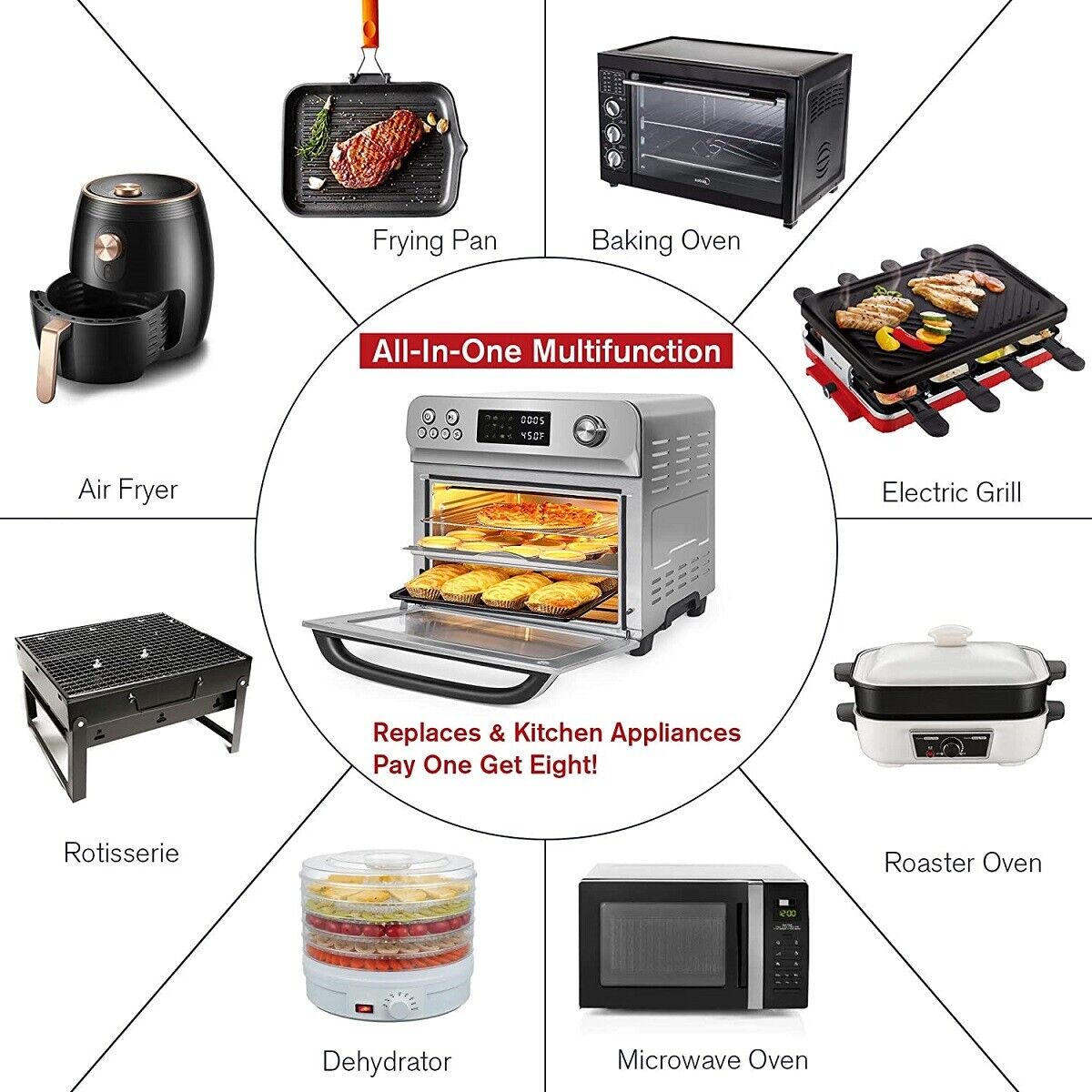 E-Macht Air Fryer Toaster Oven, 24 QT 10-In-1 Convection Countertop Oven Combination w/ 6 Accessories, Stainless Steel Finish, 1700W