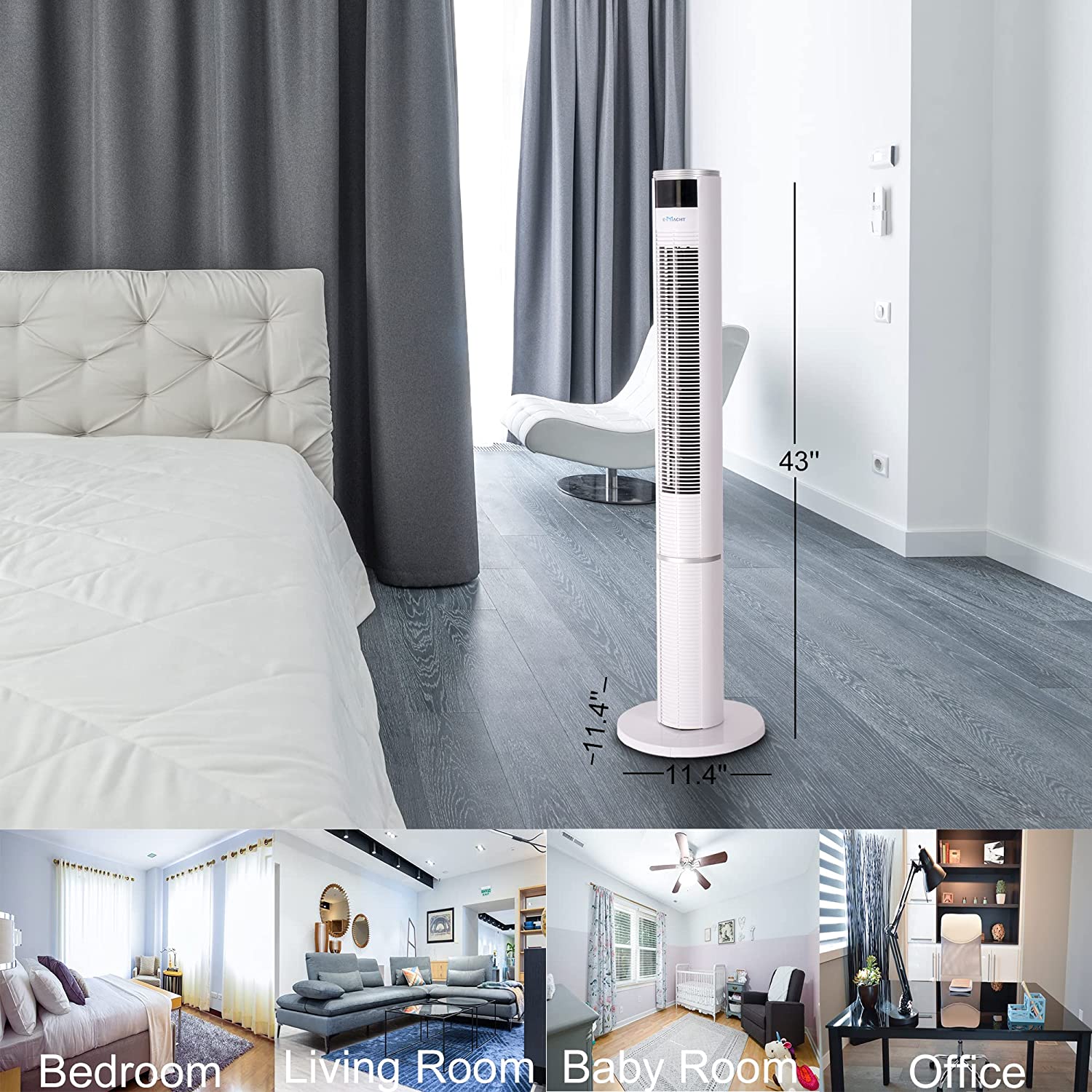 E-Macht 43" Electric Standing Bladeless Tower Fan with Remote, 3 Speed Setting & Auto-off Timer | e-macht.com