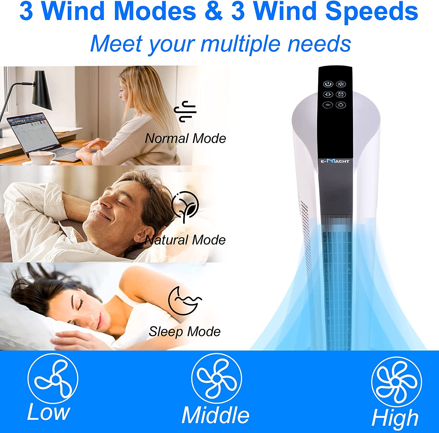 E-Macht Oscillating 35 Inch Smart Electric Standing Bladeless Fan Tower Fan with Remote & Auto-off Timer