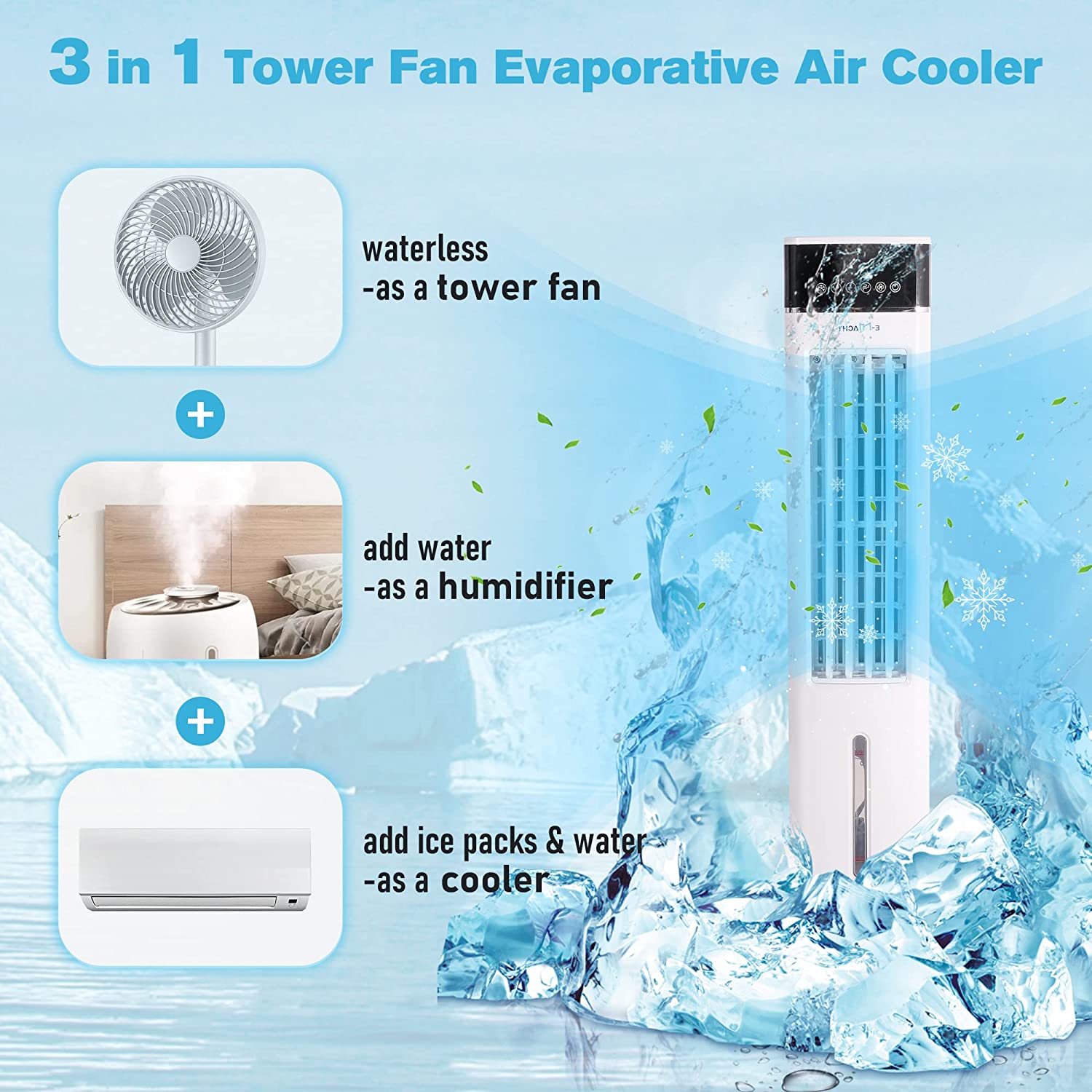 E-Macht 3-in-1 Evaporative Air Cooler Portable Bladeless Tower Fan Air Conditioners 3 Speeds & 3 Modes