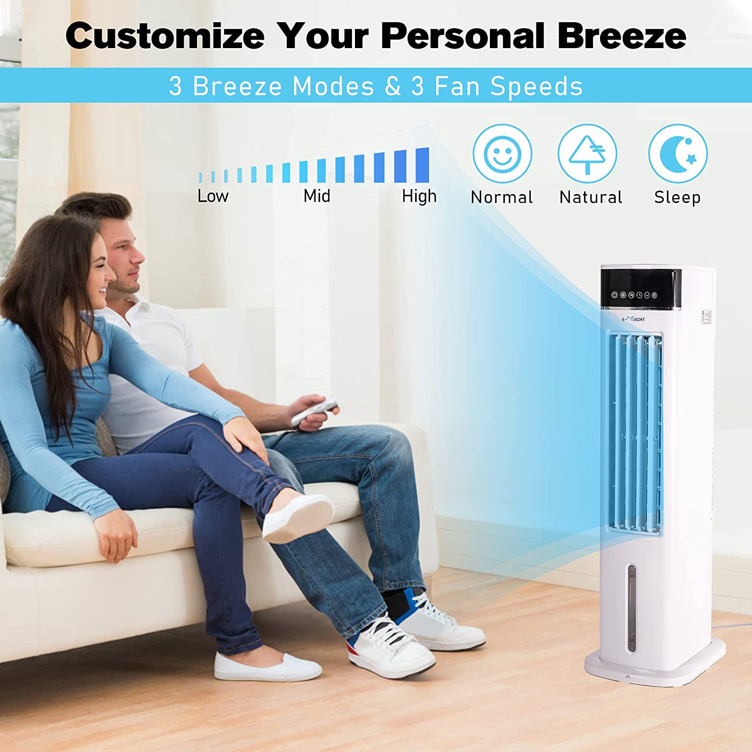 E-Macht 3-in-1 Evaporative Air Cooler Portable Bladeless Tower Fan Air Conditioners 3 Speeds & 3 Modes