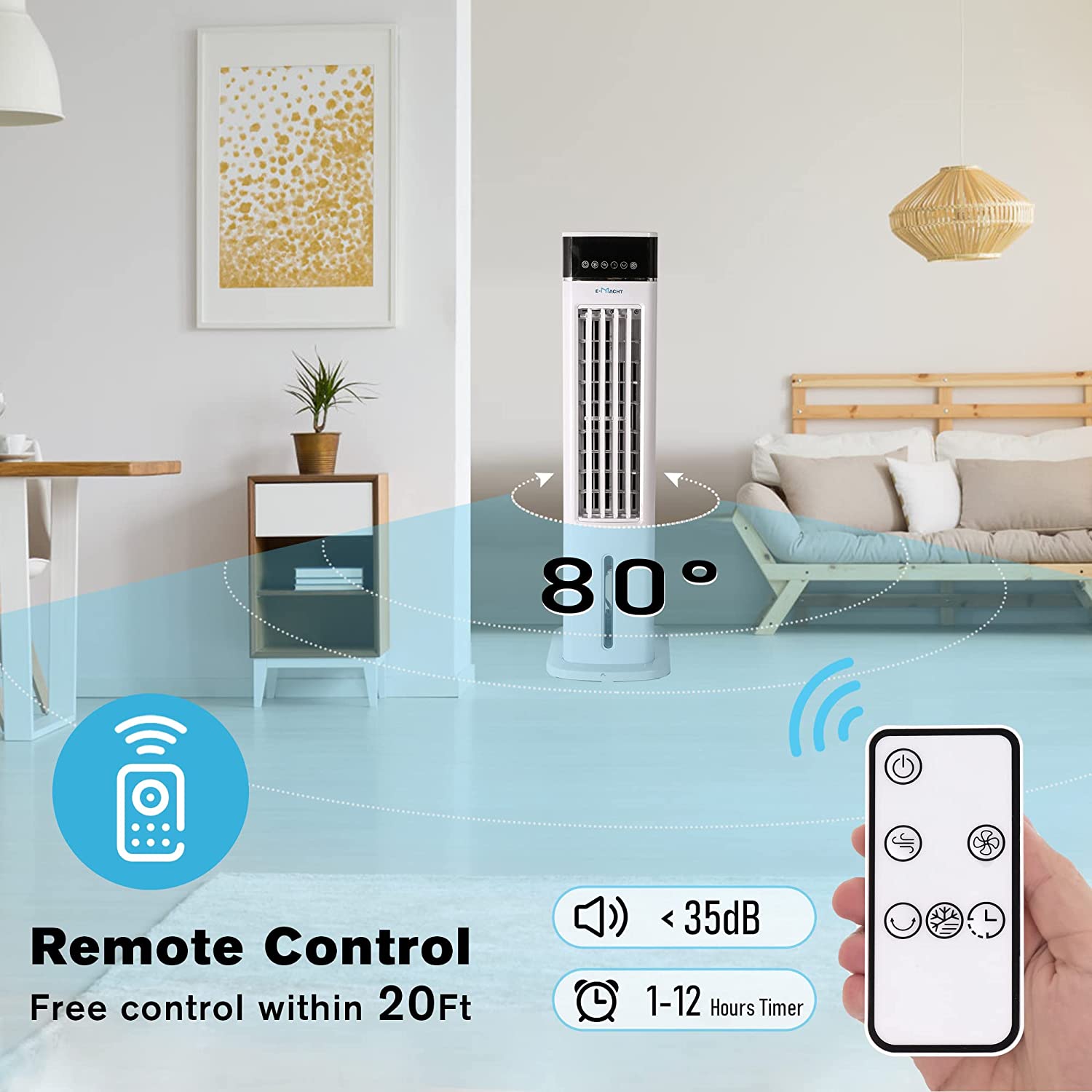 E-Macht 3-in-1 Evaporative Air Cooler Portable Bladeless Tower Fan Air Conditioners 3 Speeds & 3 Modes