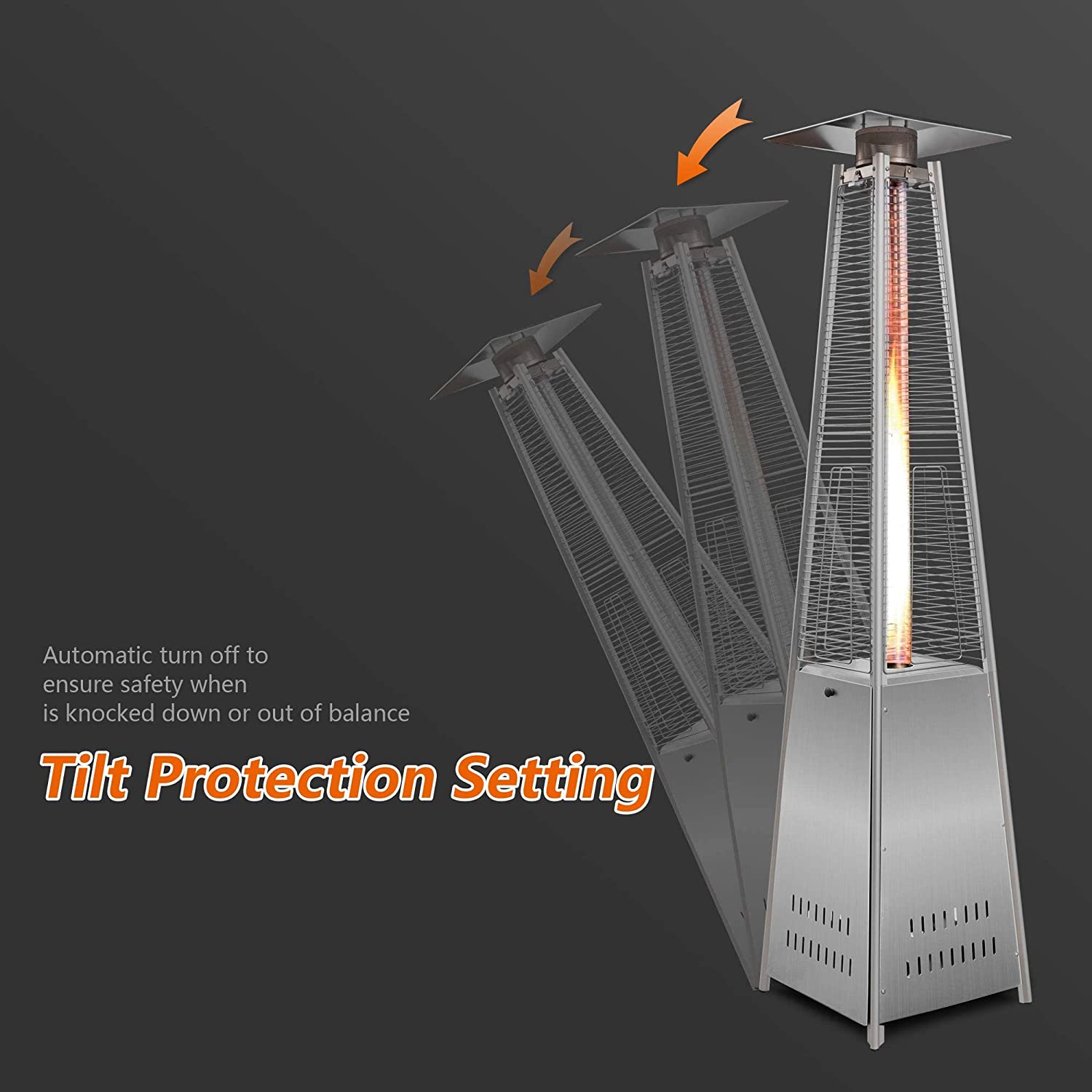 E-Macht 87" Outdoor Patio Heater, Pyramid Standing Gas LP Propane Heater with Wheels 42000 BTU, Sliver | e-macht.com