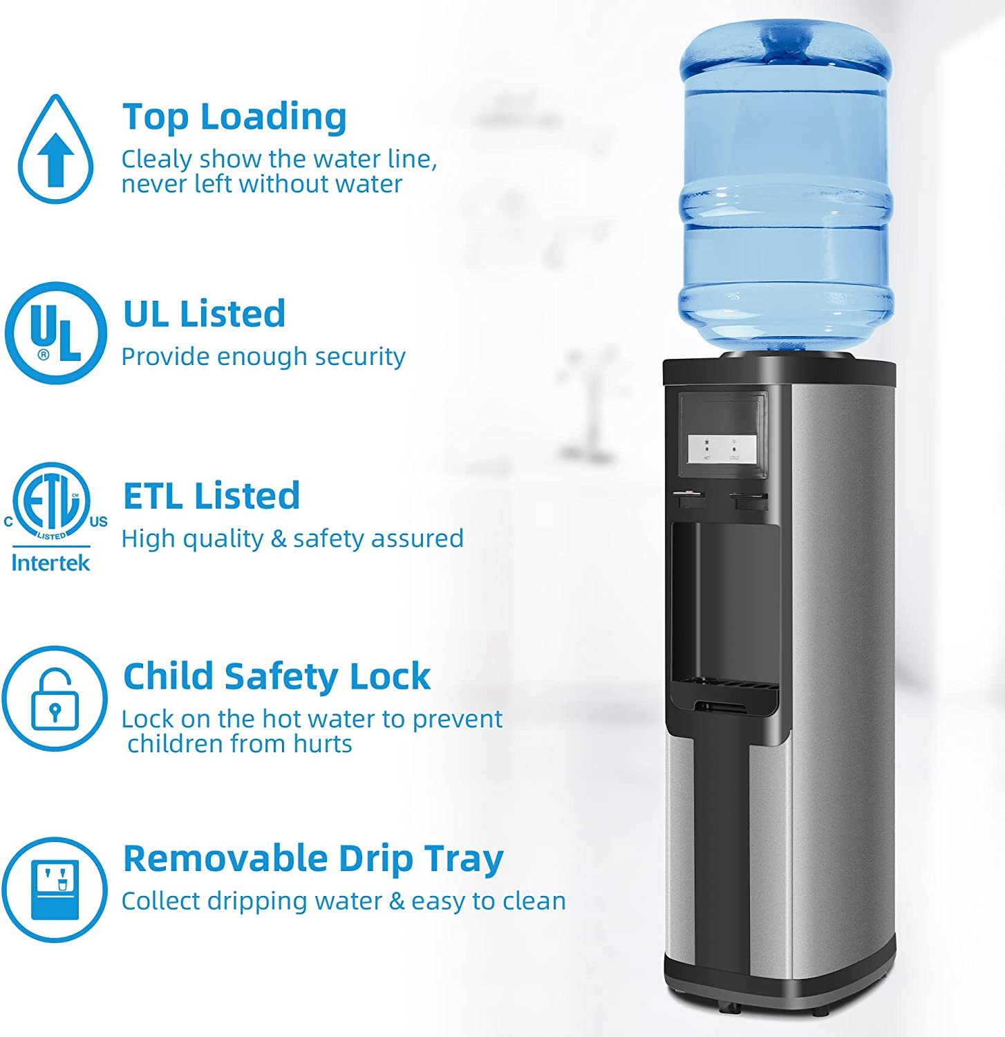 3-5 Gallon Top Loading Cold & Hot Water Dispenser, Black and Stainless Steel, ETL Listed, Child Safety Lock