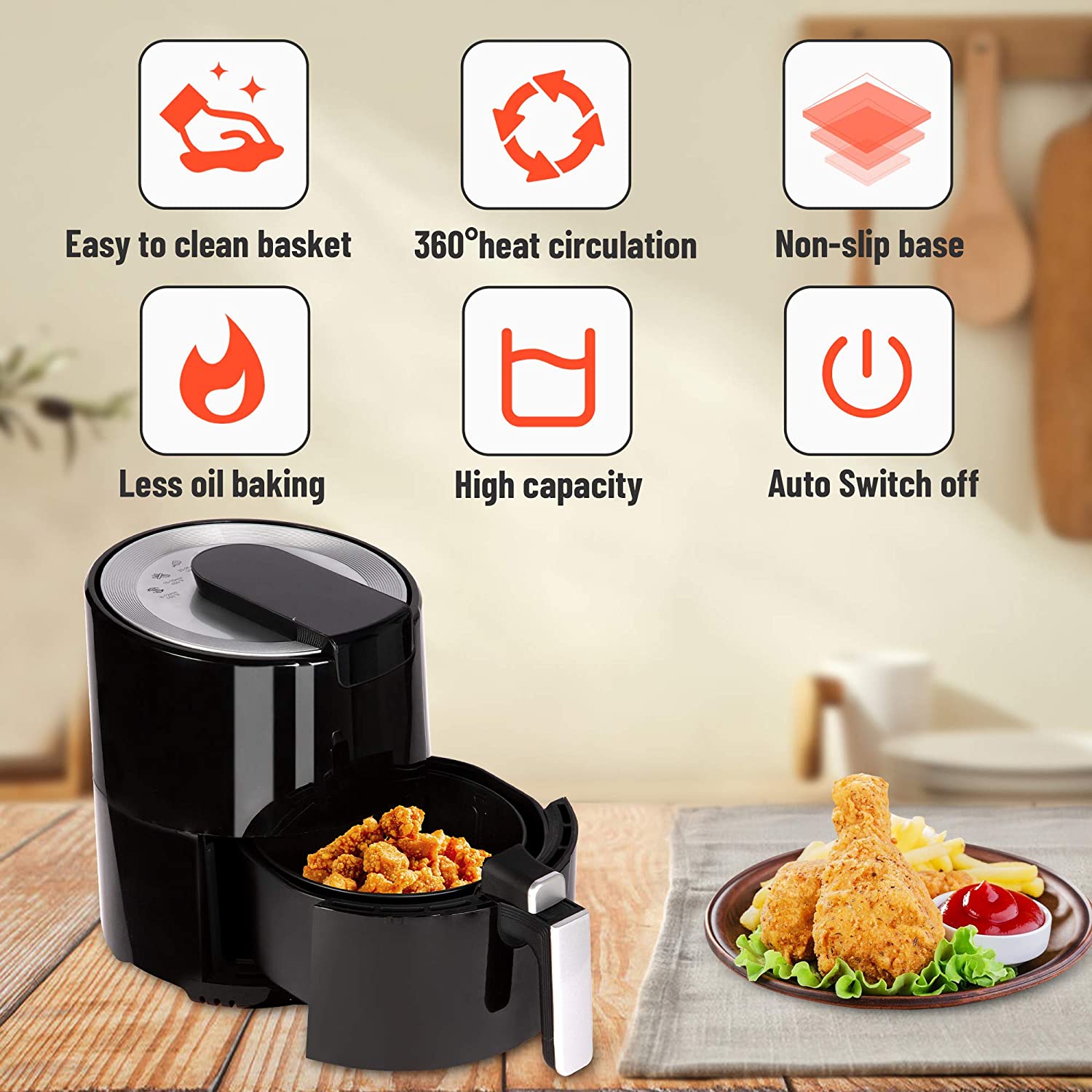 E-Macht 3.8 Quart Air Fryer, Electric Hot Oven Oilless Cooker with LCD Digital Screen
