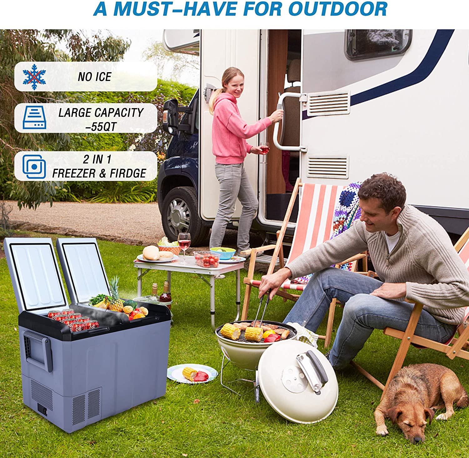 E-Macht 2 IN 1 Portable Car Refrigerator Freezer Shockproof Cooler 55-Quart, with LCD Display Double Doors