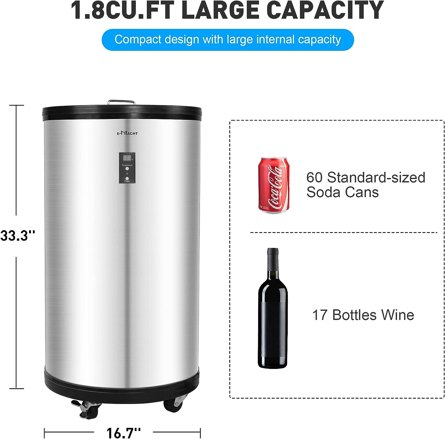 E-Macht 1.8 Cu.Ft Beverage Refrigerator Party Cooler Fridge with 4 Universal Wheels, Removable Baskets & LCD Display