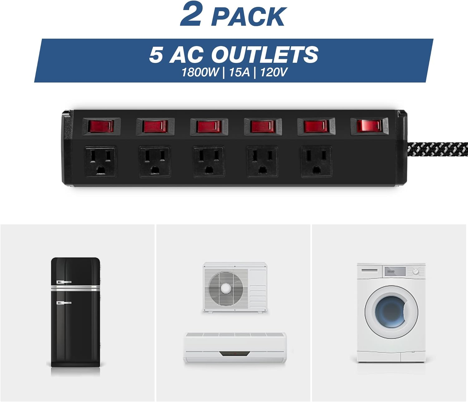 E-Macht 2 Pack Long Power Strip , 6 Metal Power Outlets 2 USB Ports, 6 ft Long Extension Cord