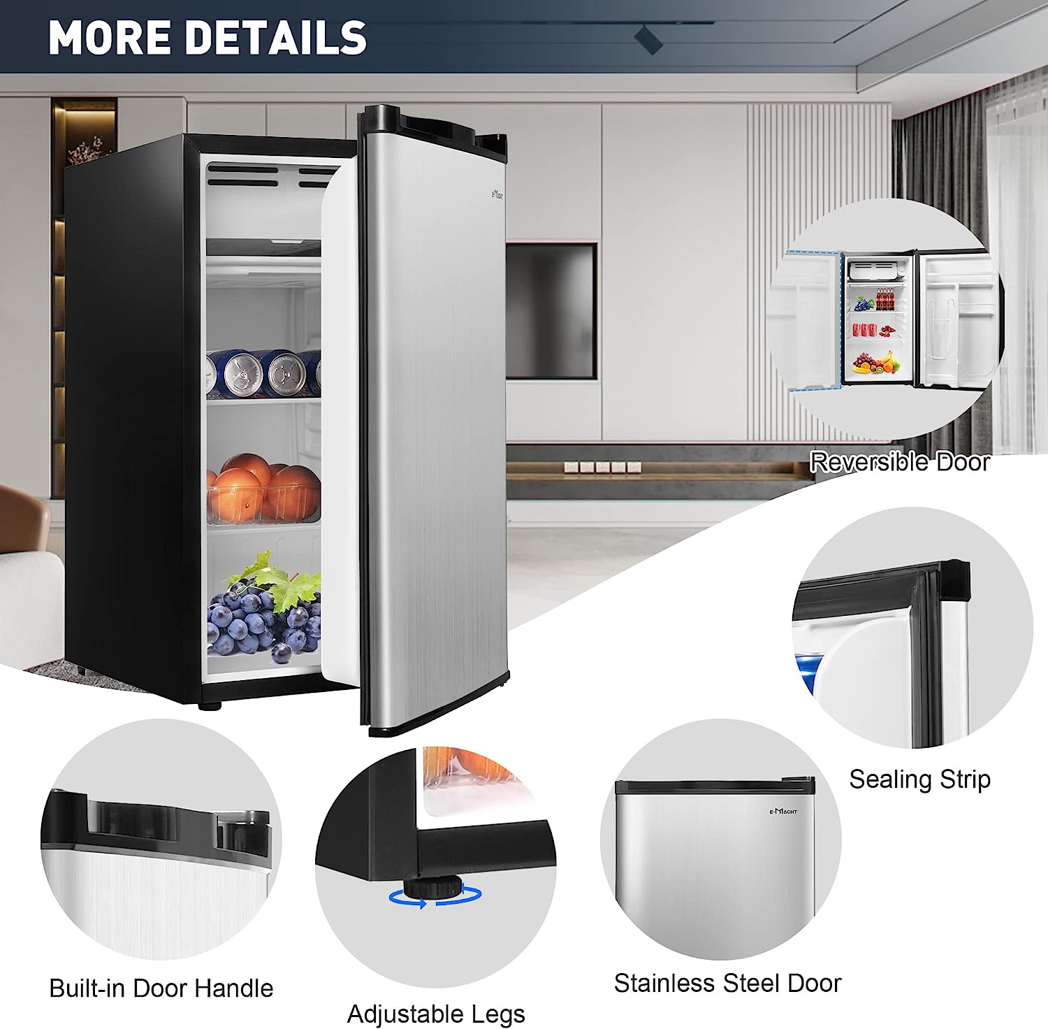 E-Macht 3.2 Cu.Ft. Mini Fridge with Freezer, Removable Shelf，Adjustable Legs, Adjustable Thermostat Control, Removable Shelf | e-macht.com