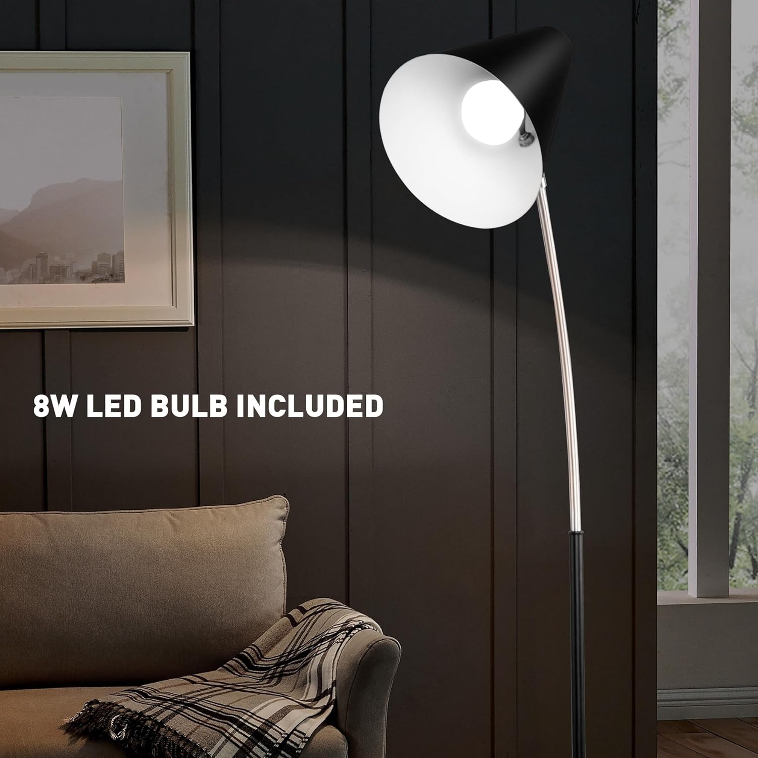 Standing Floor Lamps with 8W LED Bulb, Foot Switch & Adjustable Head, Black
