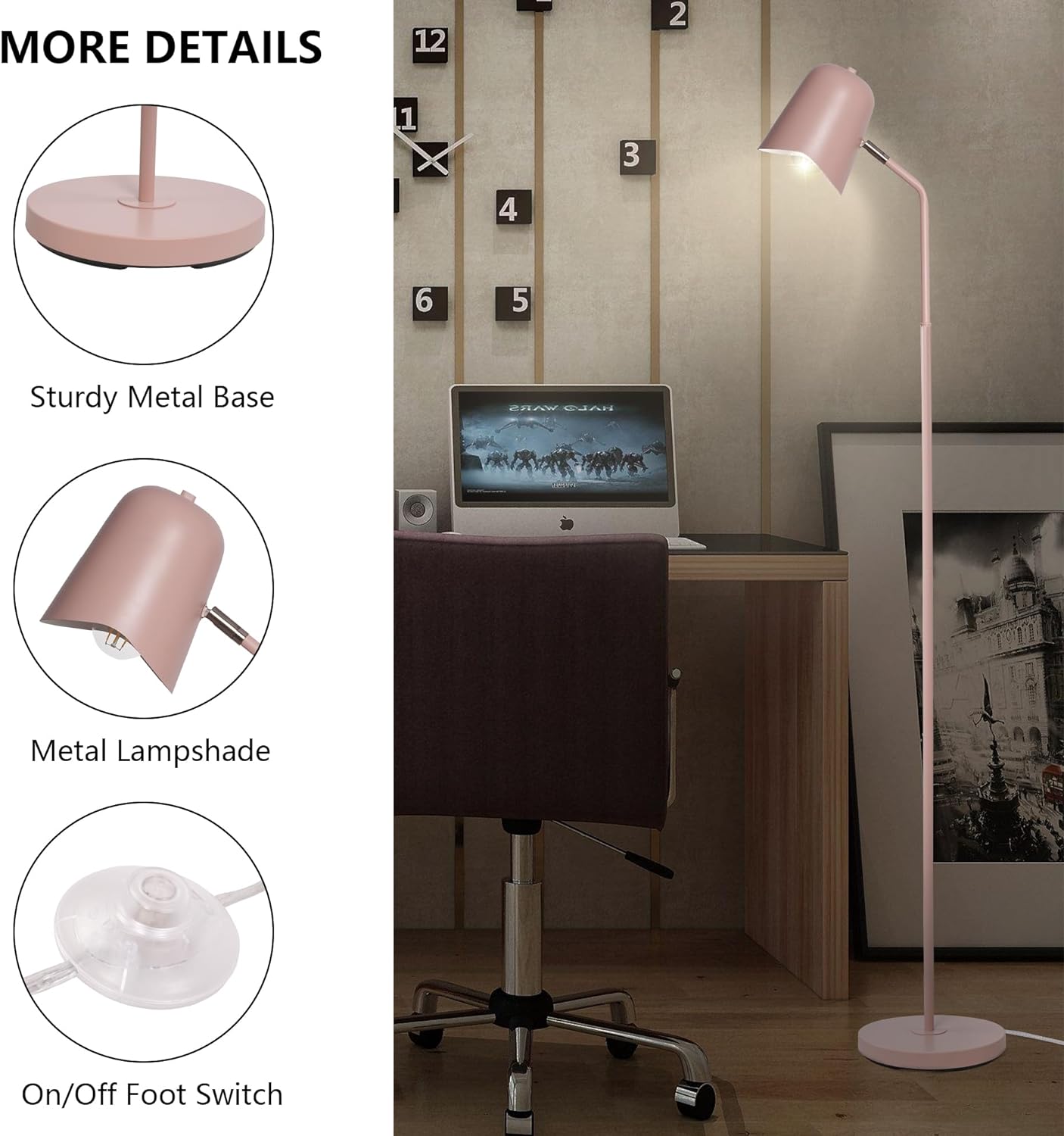 Standing Floor Lamps with 8W LED Bulb, Foot Switch & Adjustable Head, Pink
