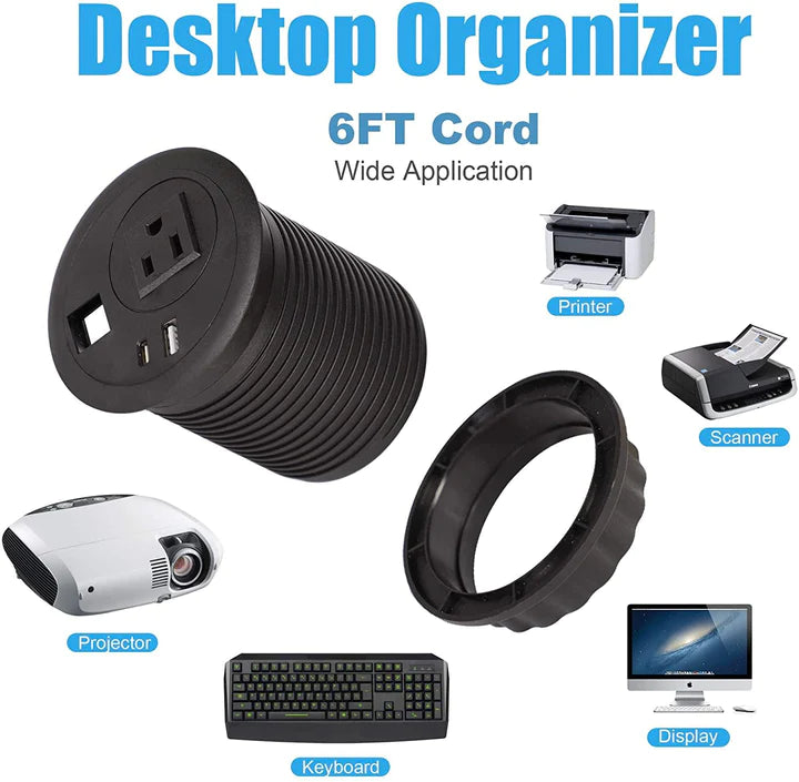 E-Macht Desktop Power Grommet Outlet with USB, Recessed Power Strip with AC Outlet & USB(Type A & Type C) & Receptacle Outlet(RJ45, HDMI)