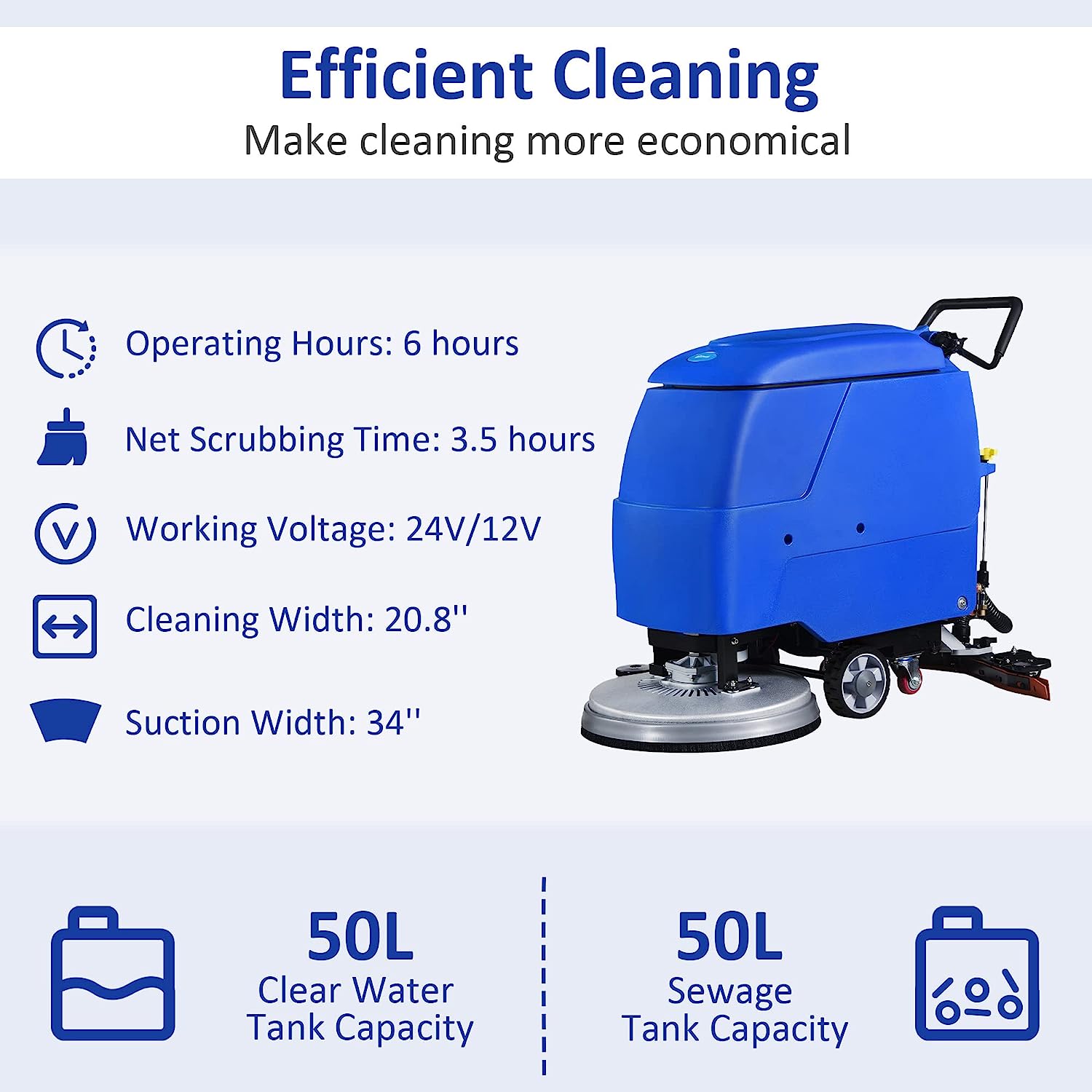 E-Macht Commercial Electric Floor Scrubber/ Dryer with Adjustable Handle with 20.8" Cleaning Path and 2 x 100amh Batteries for Efficient Cleaning