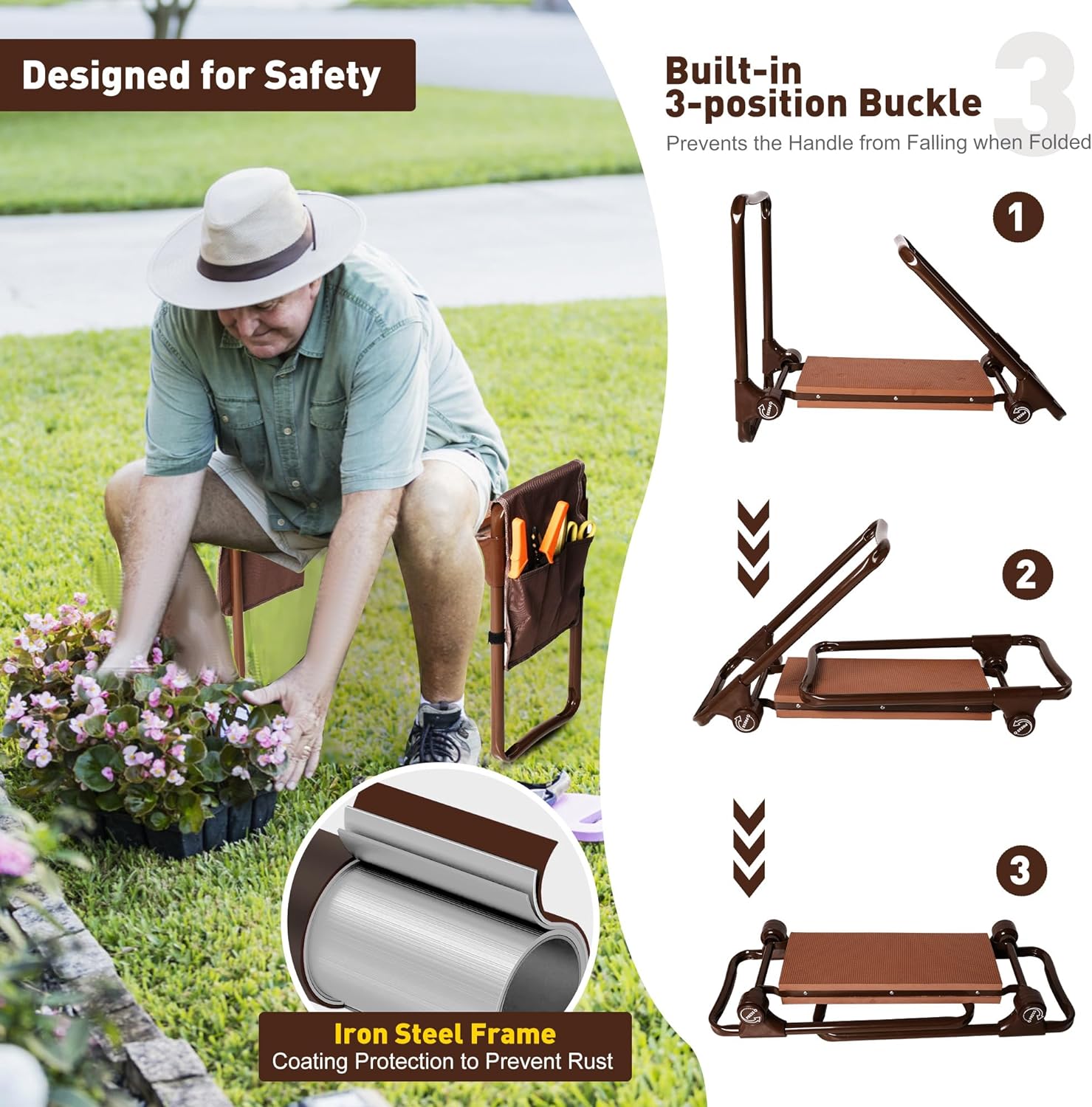 Ergonomic Garden Kneeler and Seat Bench, Heavy Duty Lightweight Garden Stool with 2 Tool Pouches