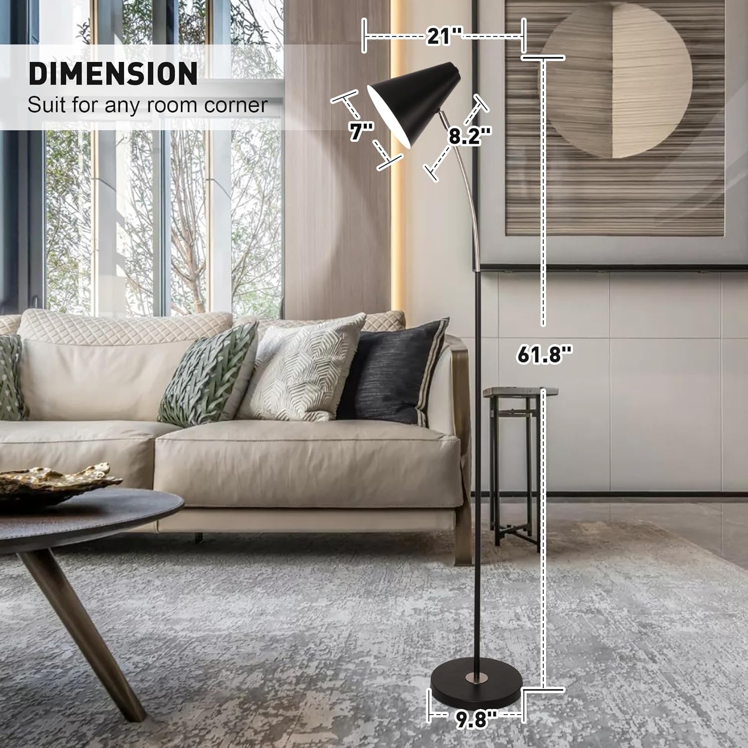 Standing Floor Lamps with 8W LED Bulb, Foot Switch & Adjustable Head, Black