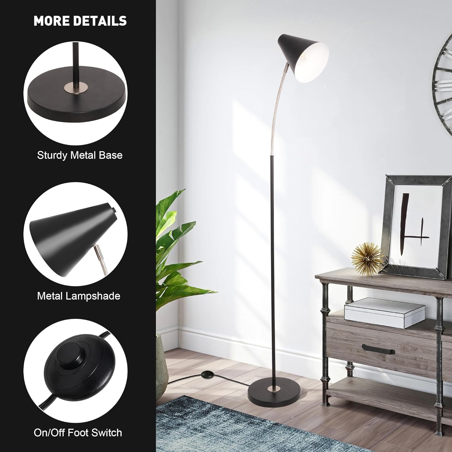 Standing Floor Lamps with 8W LED Bulb, Foot Switch & Adjustable Head, Black