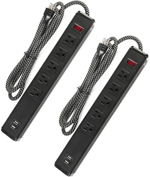 E-Macht Power Strip 2PCS Surge Protector 5-Outlet with 2 USB Ports(5V/2.4A), 6ft Heavy-Duty Braided Extension Cords