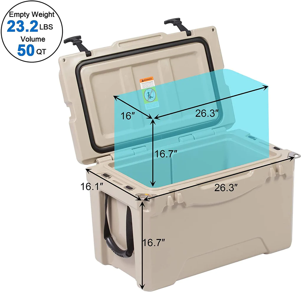 E-Macht Rotomolded Cooler, 50QT Tan Cooler with Built-in Cup Holder, Bottle Openers, and Fish Ruler