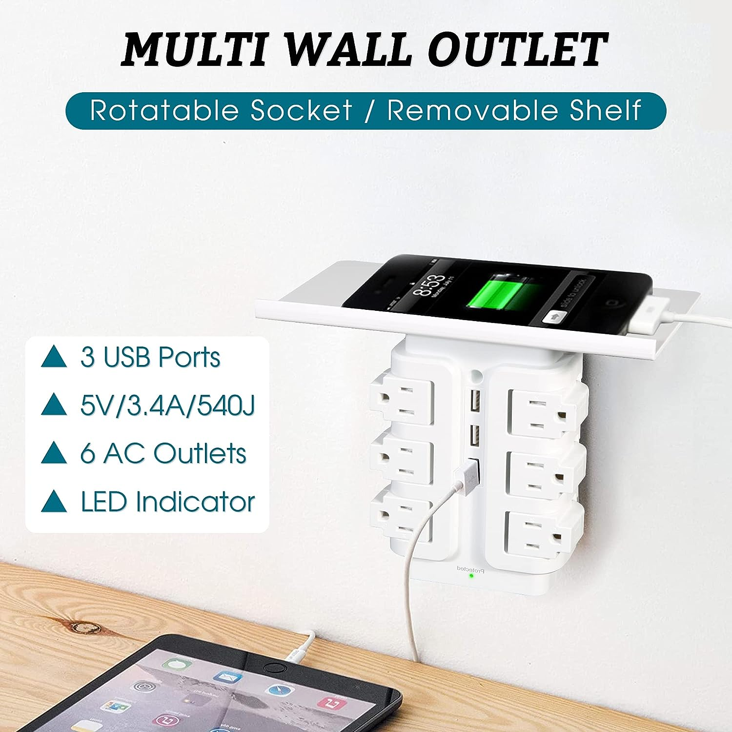 E-Macht Power Strip Tower 6 Outlets 3 Usb with Removable Shelf Wall Mount for Home Office