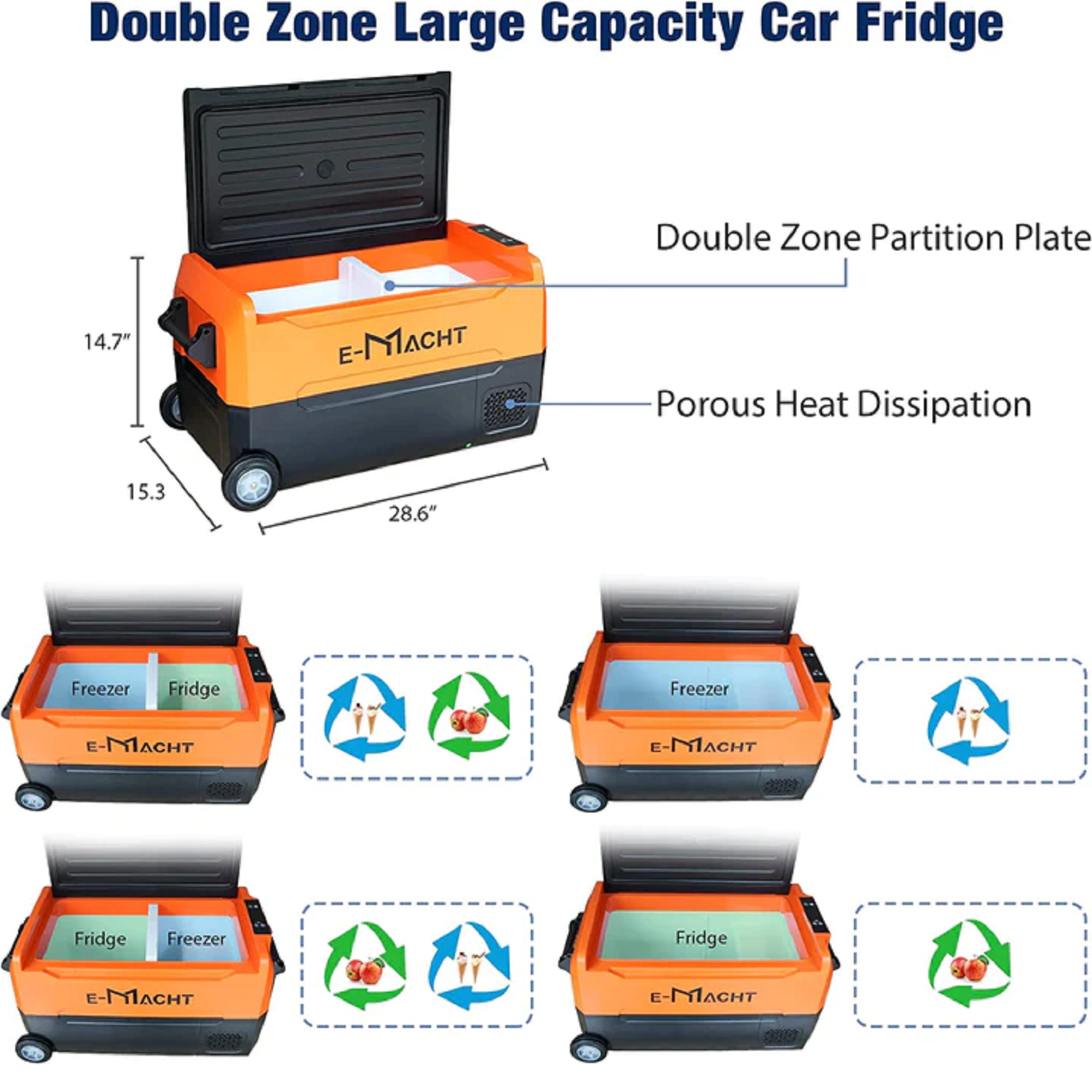 E-Macht Car Refrigerator Portable Dual-zone Freezer, 30L Capacity with LED Lights