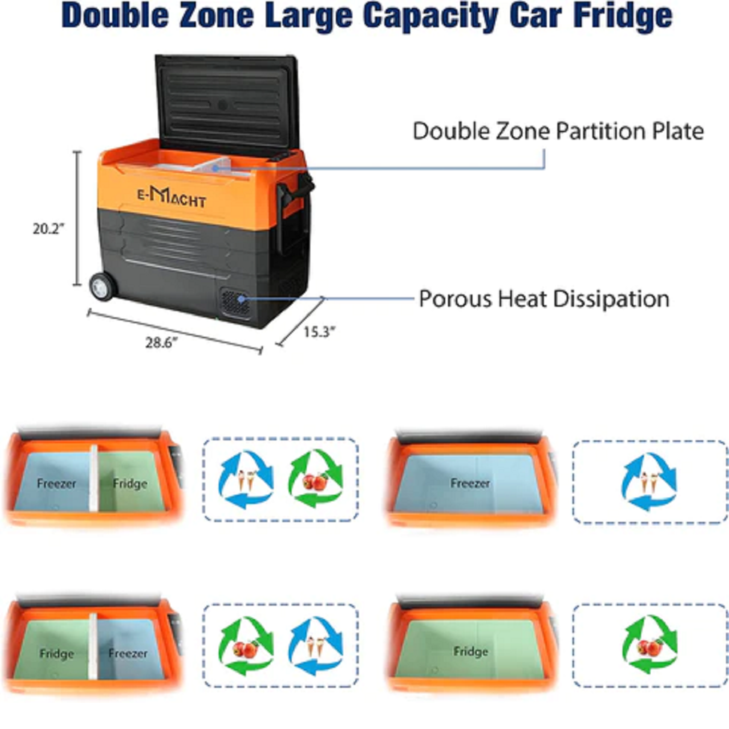 E-Macht Car Refrigerator Portable Dual-zone Freezer, 50L Capacity with LED Lights