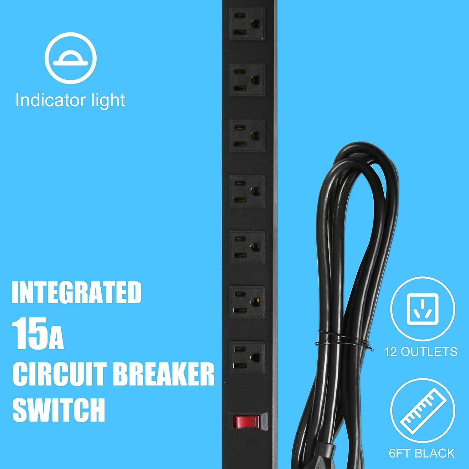 E-Macht Power Strip, Mountable Surge Protector with Outlets and USB Ports 6 Feet Long Extension Cord for Home, Office -Black (1, 12 outlets)