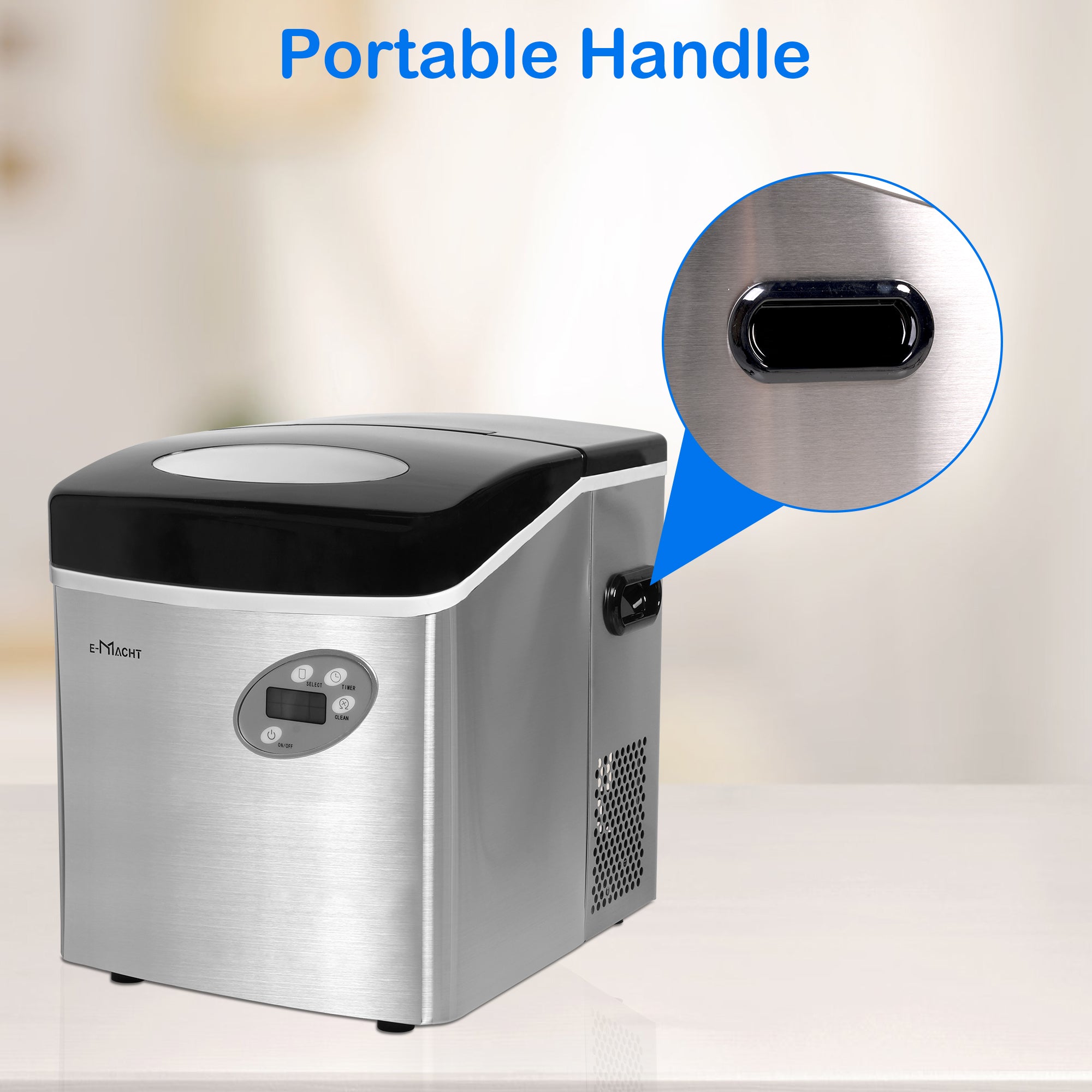 E-Macht Countertop Ice Maker, Self Cleaning, 48.5lbs/24H, Portable Ice Machine with Hand Scoop for Home Kitchen Party Camping | e-macht.com