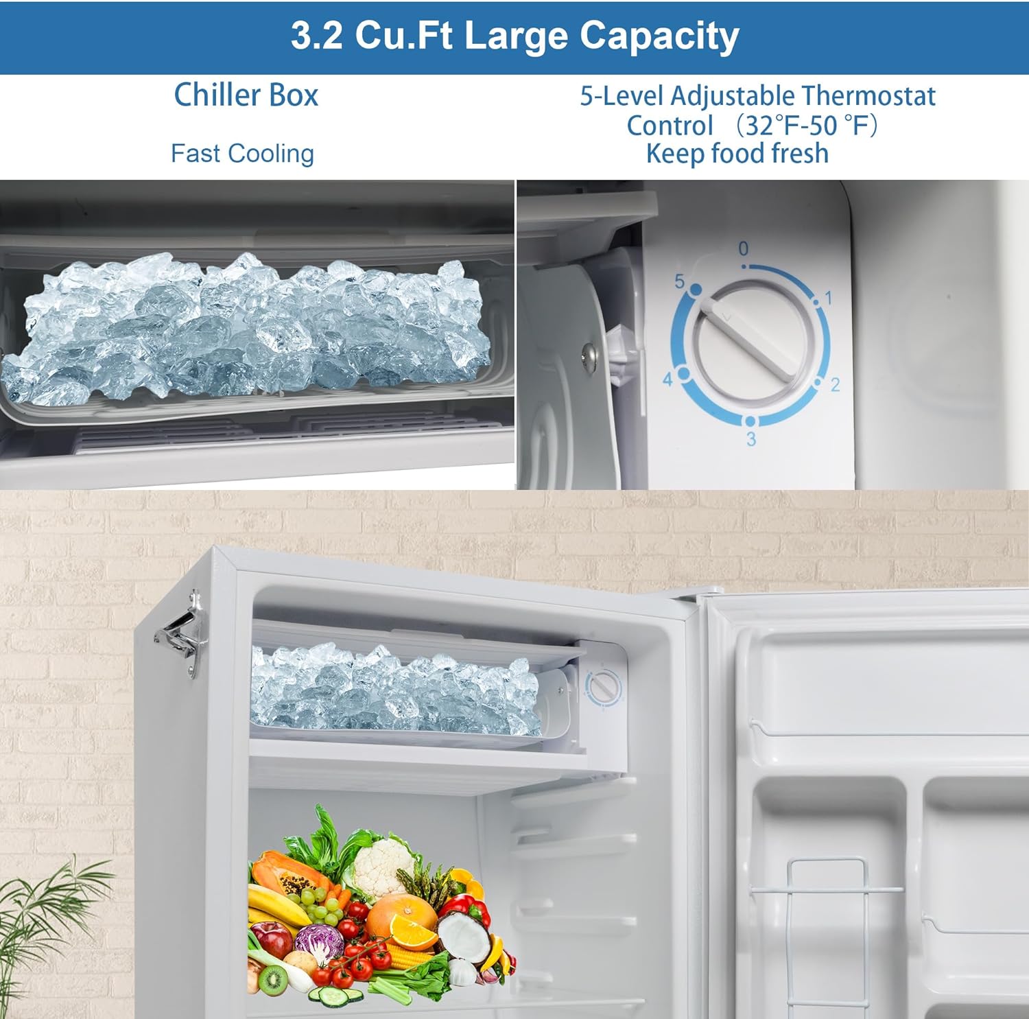 3.2 Cu.Ft Compact Mini Refrigerator with Freezer, 5 Temperature Settings, Single Door for Dorm, Office, Bedroom | e-macht.com