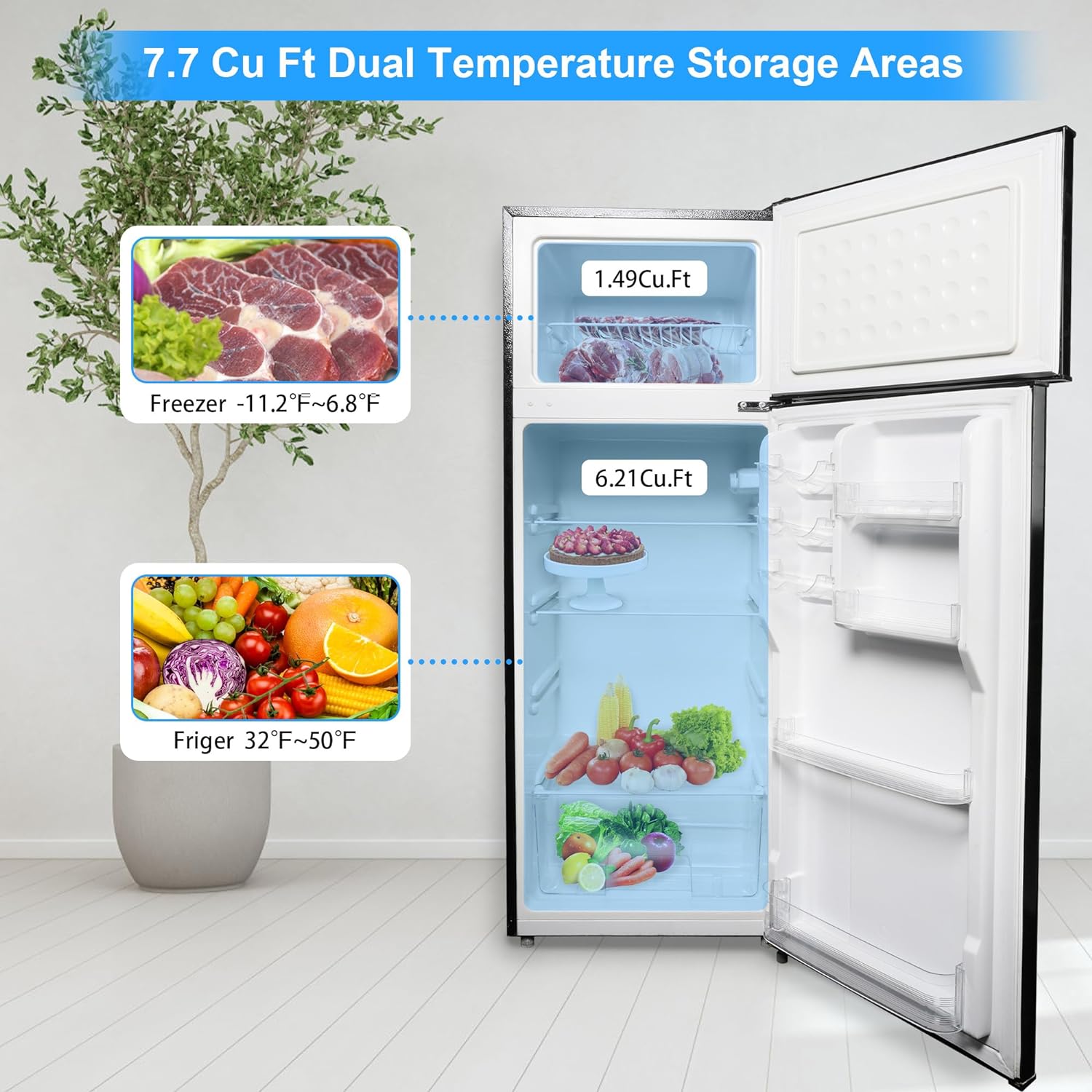 E-Macht 7.7 Cu Ft Mini Fridge with Freezer, Double Door Apartment Size Refrigerator