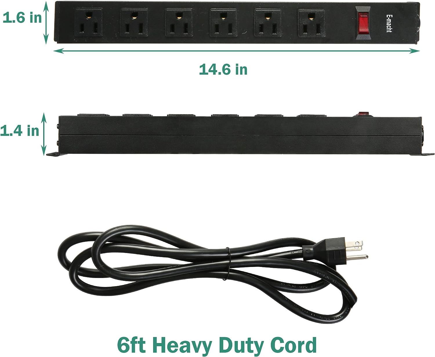 E-Macht Long Power Strip Surge Protector, 6 Outlets Metal Outlet, Wall Mountable, 6 ft Long Extension Cord, 2 Pack