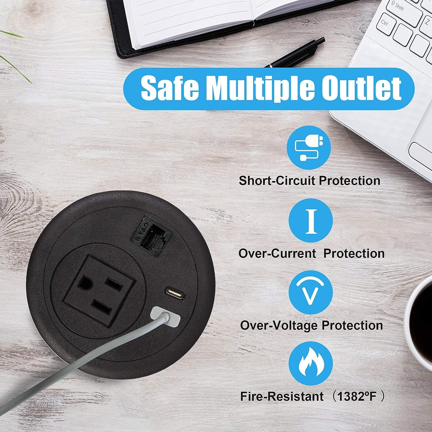 E-Macht Desktop Power Grommet Outlet with USB, Recessed Power Strip with AC Outlet & USB(Type A & Type C) & Receptacle Outlet(RJ45, HDMI)