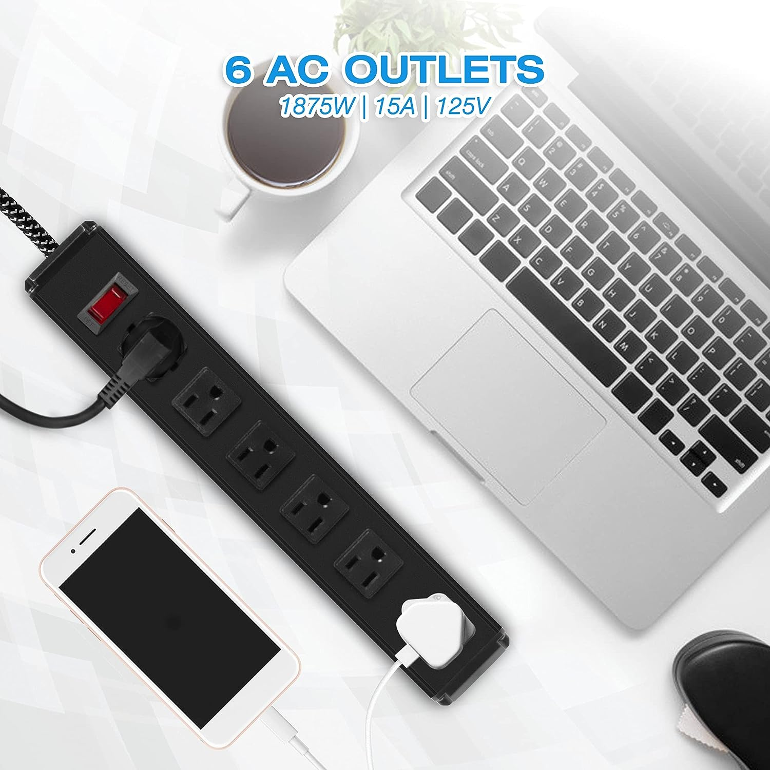 E-Macht Surge Protector Power Strip with Outlets and USB Charging Ports 6-Foot Cord for Home, Office -Black (2, 6 outlets)