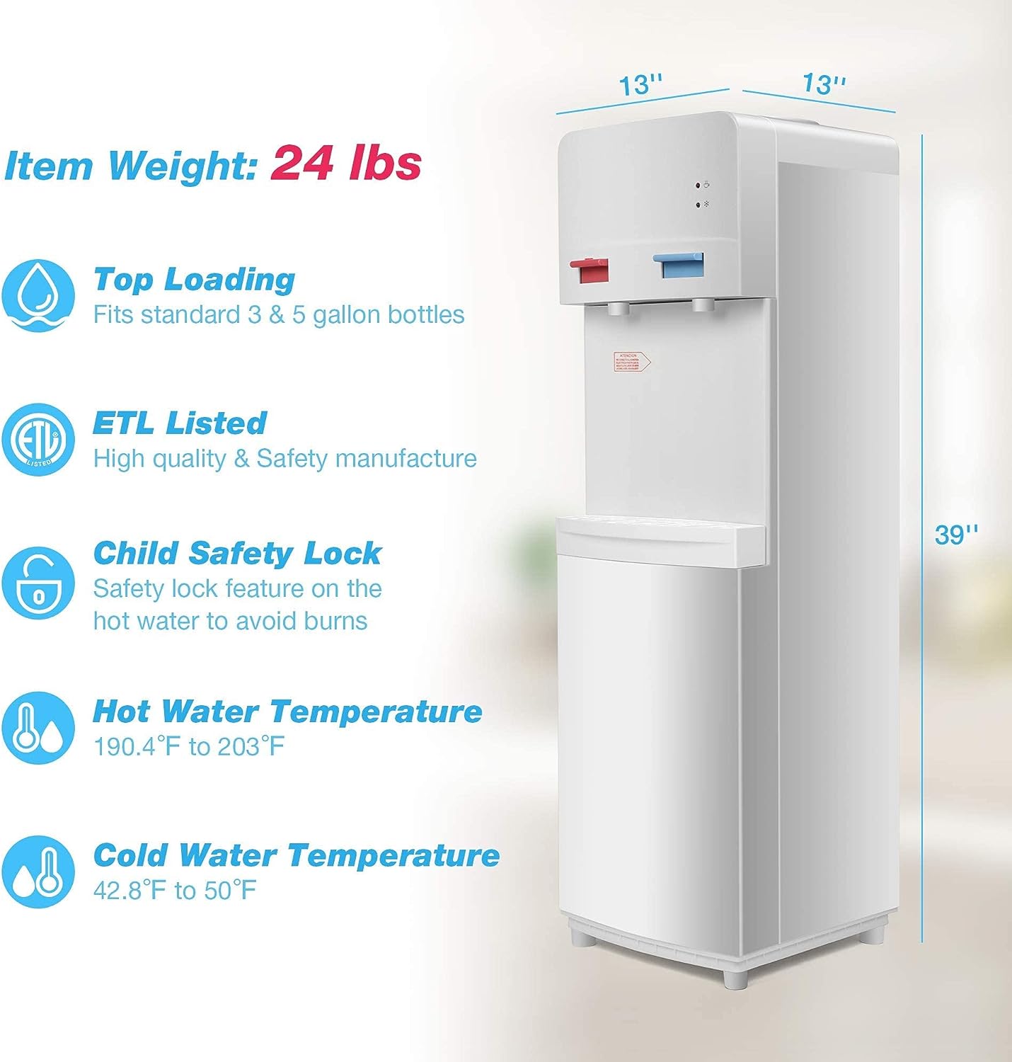 5 Gallons Hot and Cold Top Loading Water Dispenser with Child Safety Lock, White