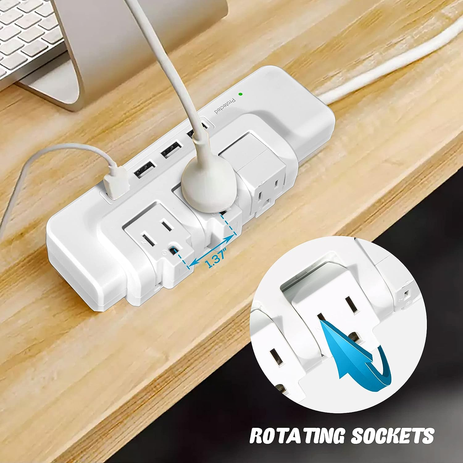 E-Macht Rotating Power Strip Surge Protector 1020 Joules 3 Outlet Extender with 4 USB Ports and 6ft Heavy Duty Extension Cord