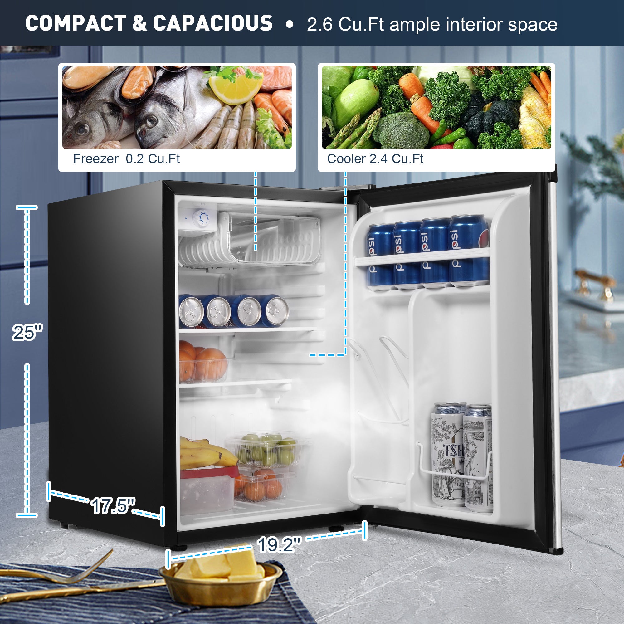 3.2 Cu.Ft Compact Mini Refrigerator with Freezer, 5 Temperature Settin
