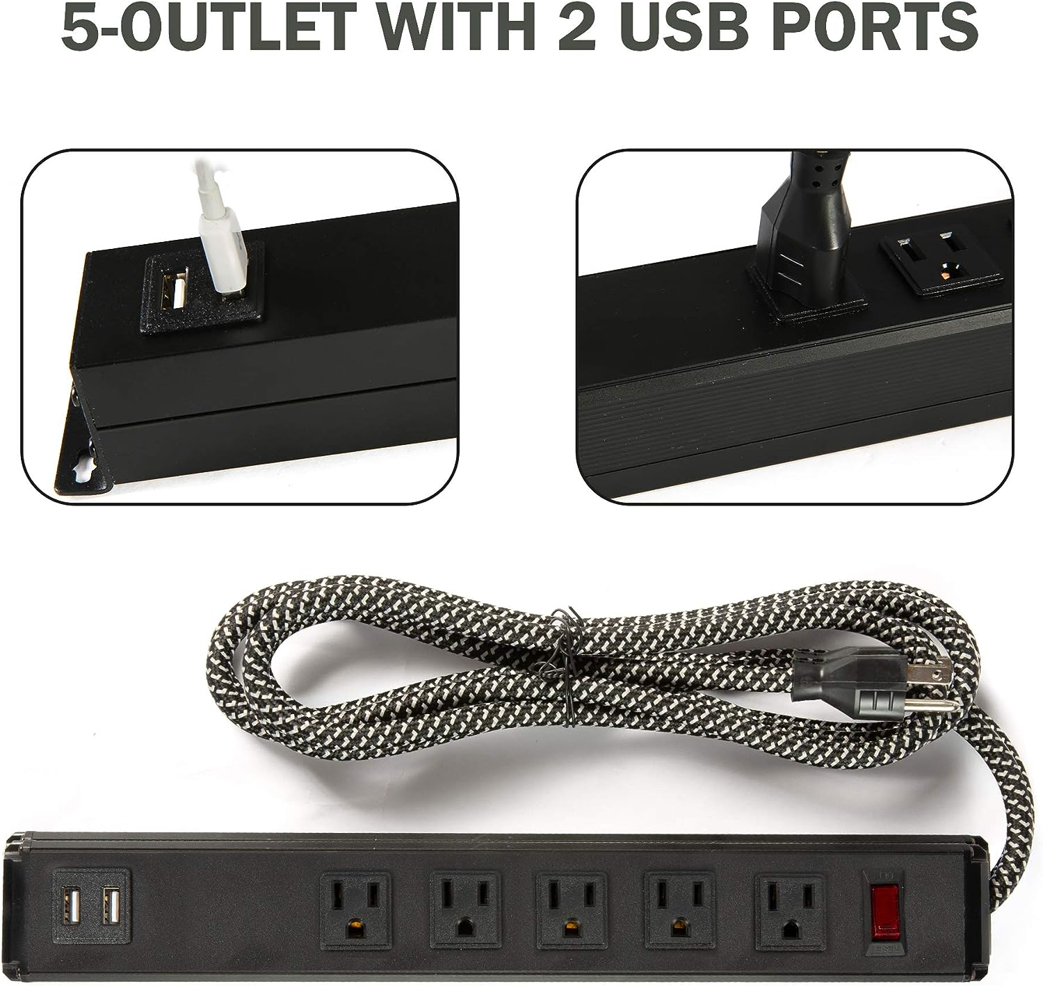 E-Macht Power Strip 2PCS Surge Protector 5-Outlet with 2 USB Ports(5V/2.4A), 6ft Heavy-Duty Braided Extension Cords