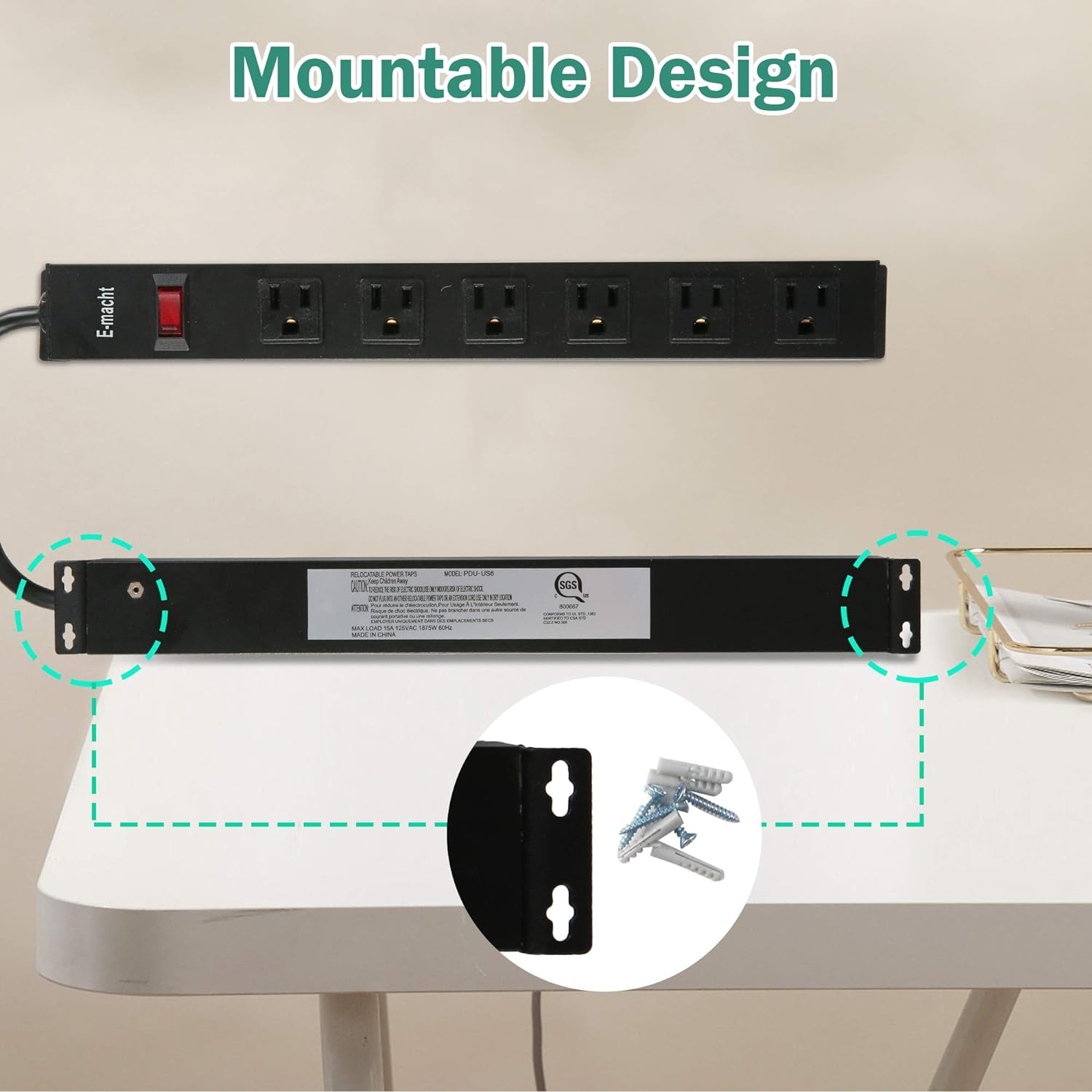 E-Macht 6 Outlet Heavy Duty Power Strip 2 Pack Metal Power Outlet