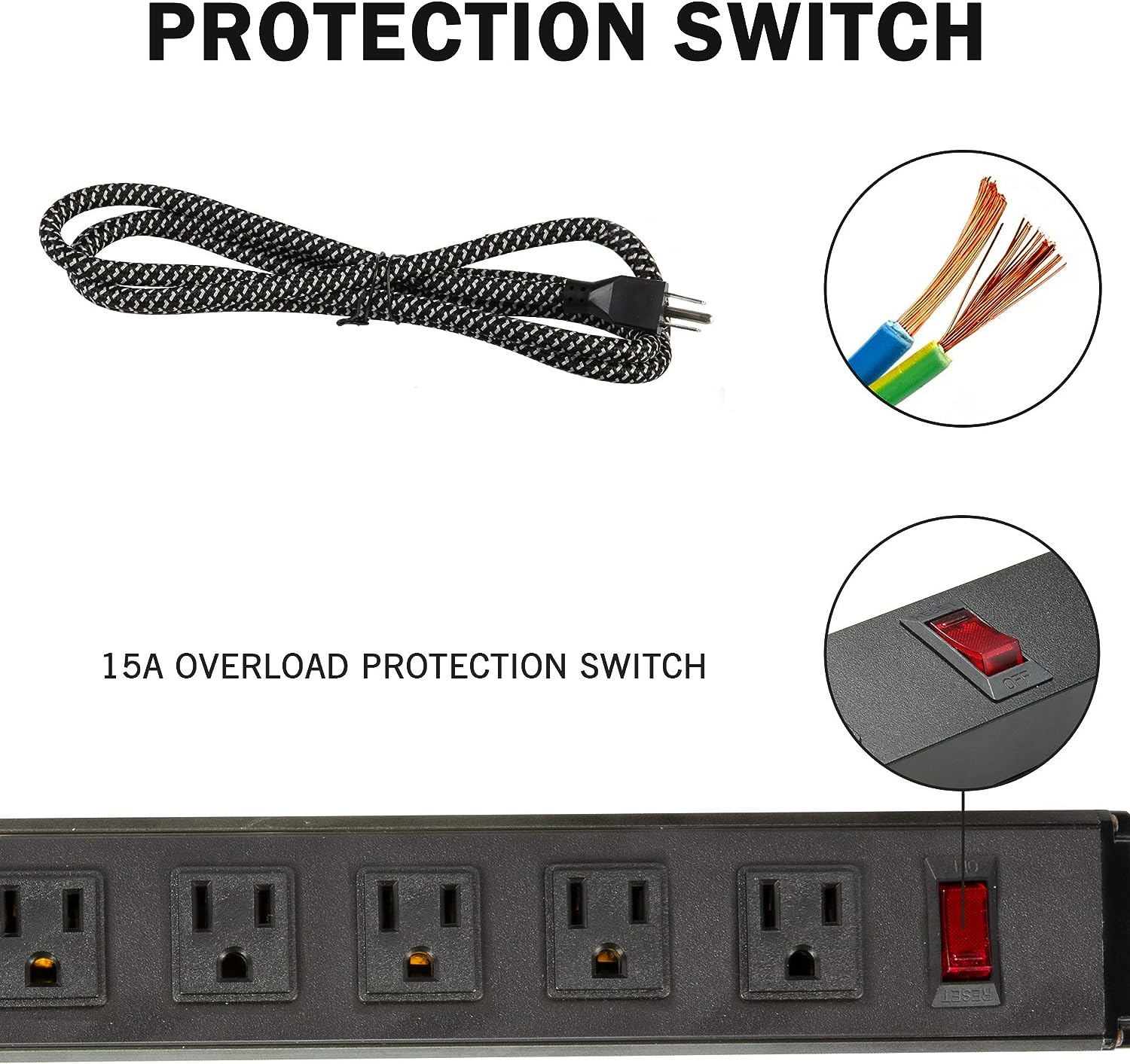 E-Macht Power Strip 2PCS Surge Protector 5-Outlet with 2 USB Ports(5V/2.4A), 6ft Heavy-Duty Braided Extension Cords