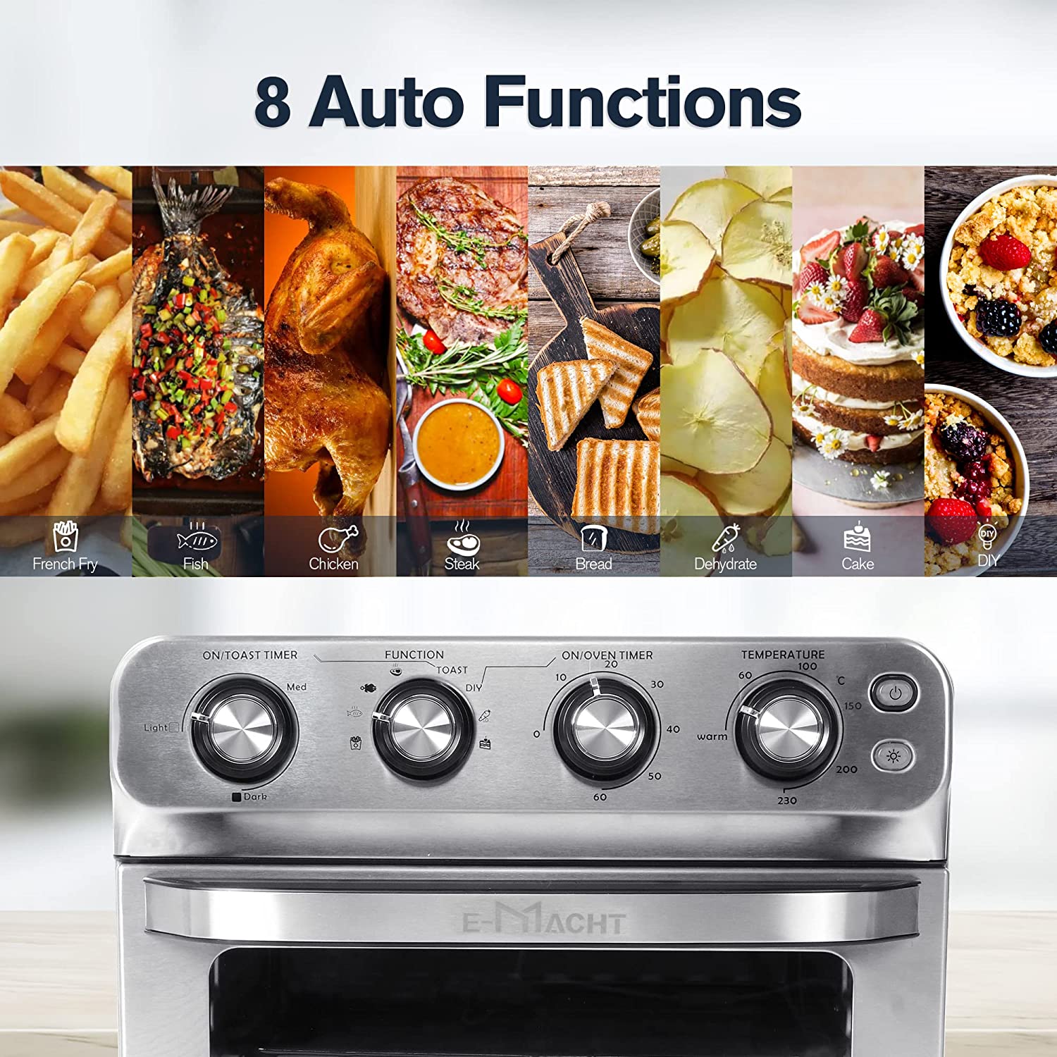 E-Macht 24 Quart Air Fryer Oven 8 Cooking Functions Stainless Steel 1800W Kitchen Small Appliance