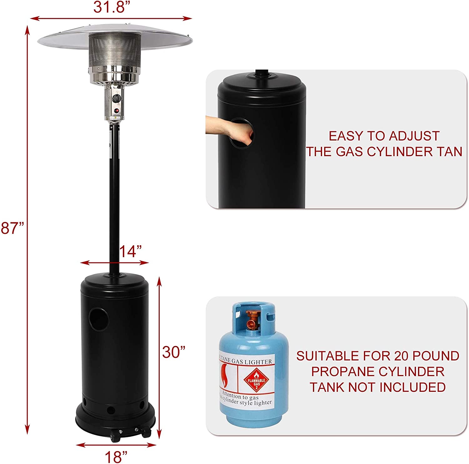 E-Macht 36000 BTU Outdoor Propane Gas Patio Heater w/Wheels for Home and Commercial, Black