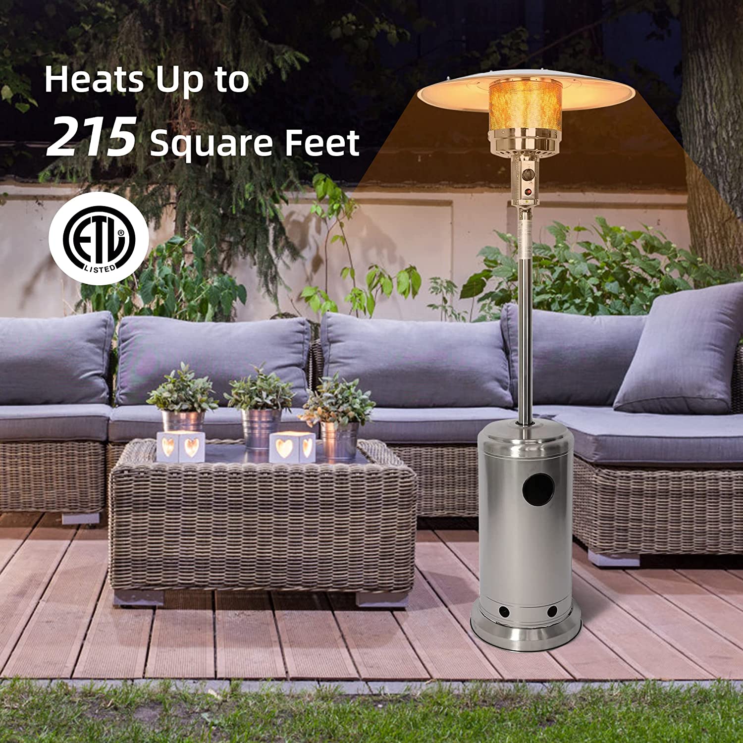 E-Macht 87" Outdoor Patio Heater Standing Gas LP Propane Heater with Wheels, 36000 BTU, Sliver
