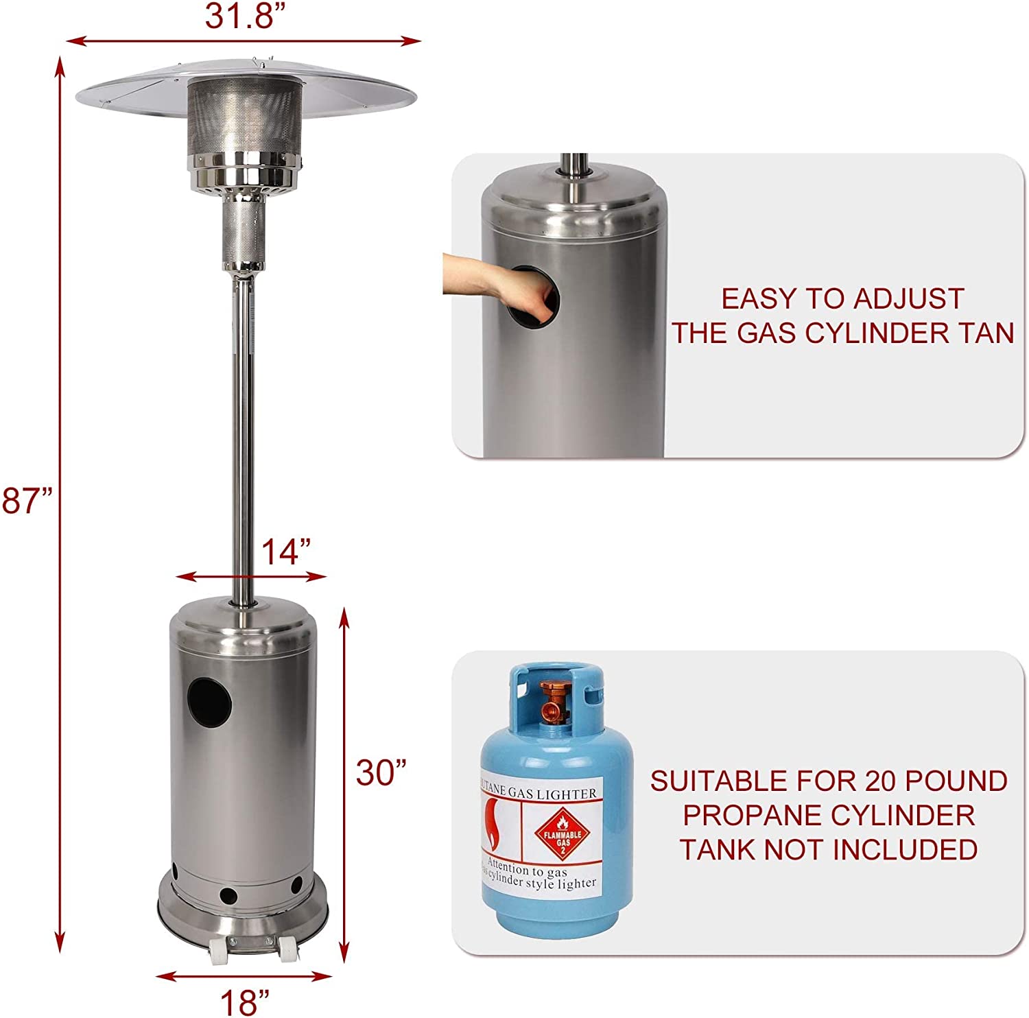 E-Macht 87" Outdoor Patio Heater Standing Gas LP Propane Heater with Wheels, 36000 BTU, Sliver