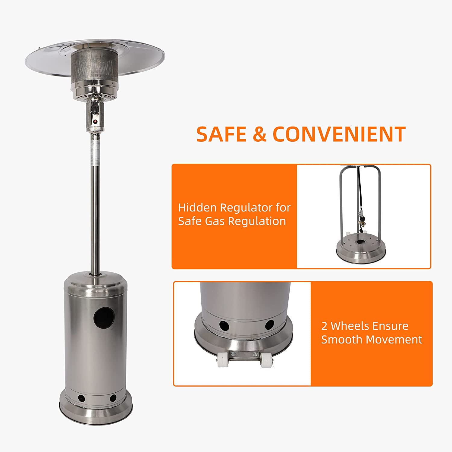 E-Macht 87" Outdoor Patio Heater Standing Gas LP Propane Heater with Wheels, 36000 BTU, Sliver