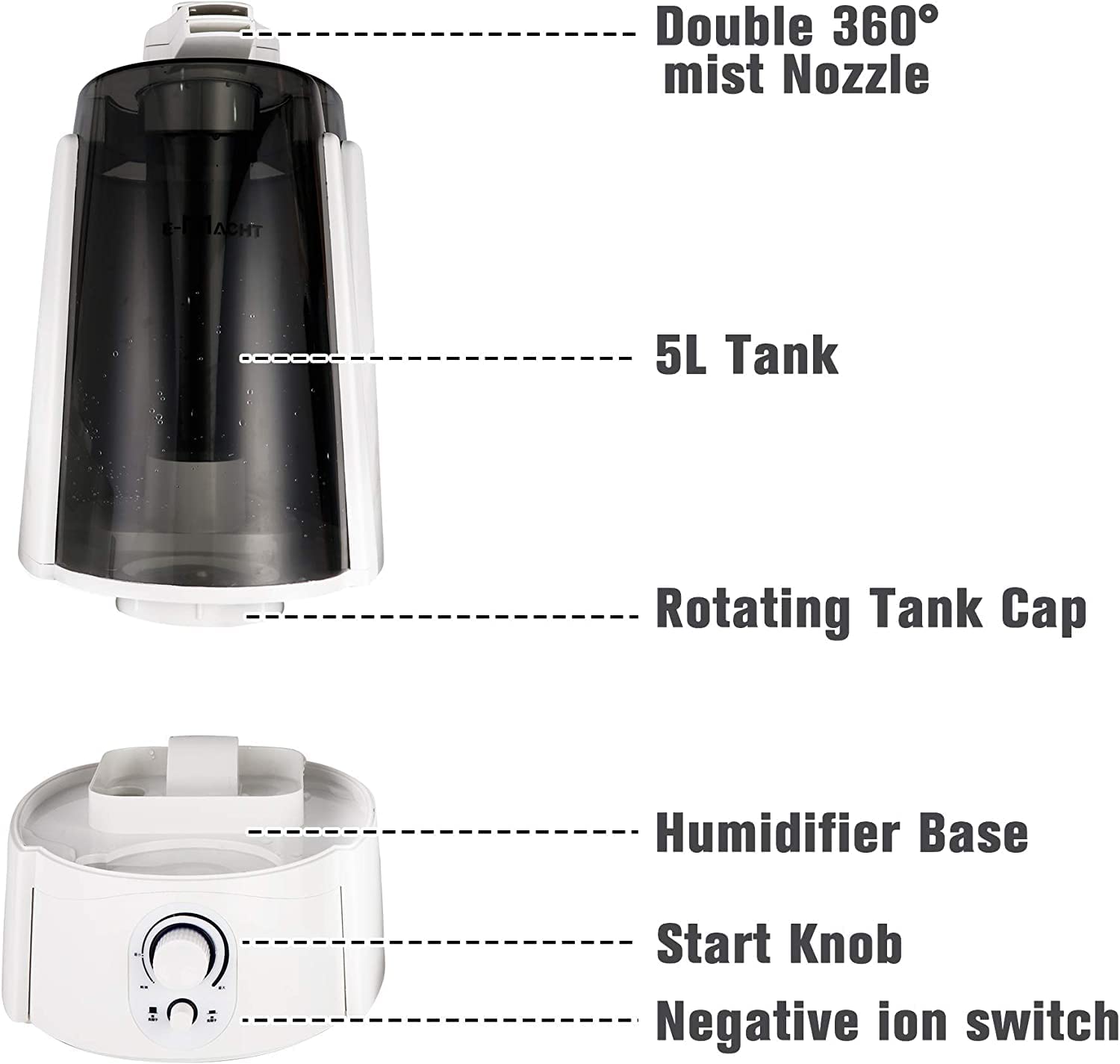 E-Macht Quiet Ultrasonic Cool Mist Humidifier 5L w/ Auto Shut-Off Adjustable Mist Output Double 360°Nozzle Negative Ion, Black