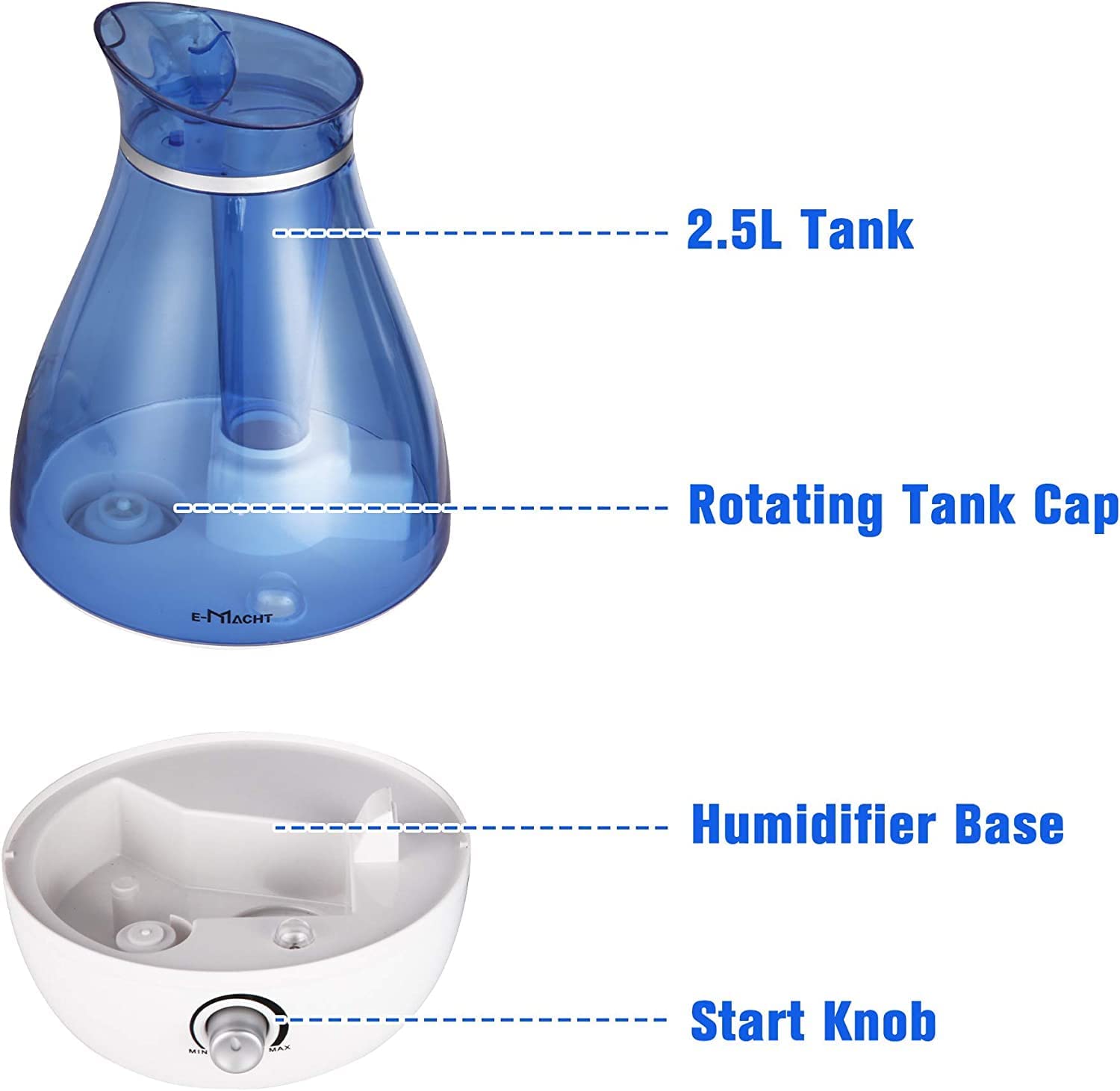 E-Macht Humidifiers Quiet Ultrasonic Cool Mist Humidifier 2.5L w/ Auto Shut-Off, Blue
